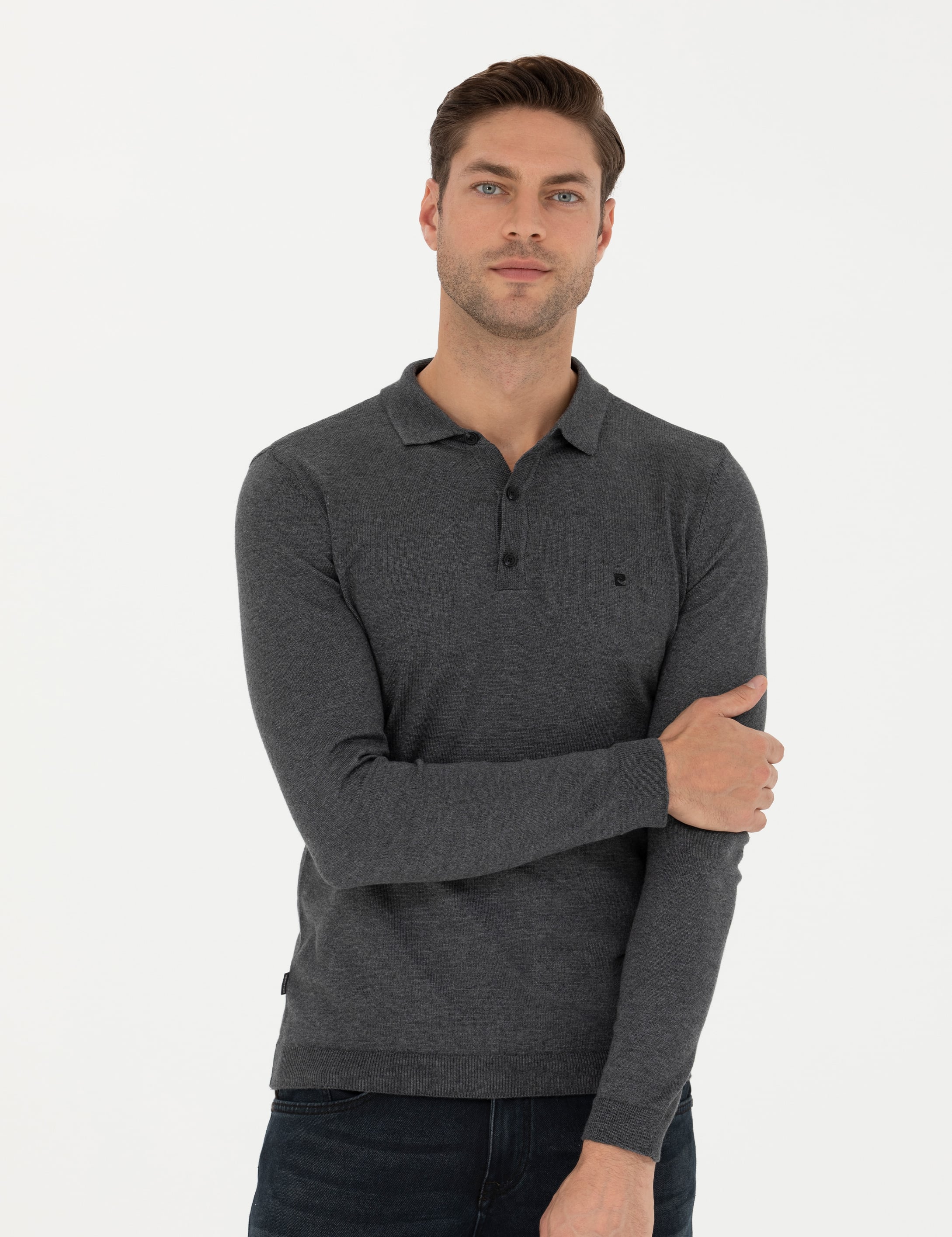 Antrasit Melanj Slim Fit Polo Yaka Basic Triko Kazak - Image 3