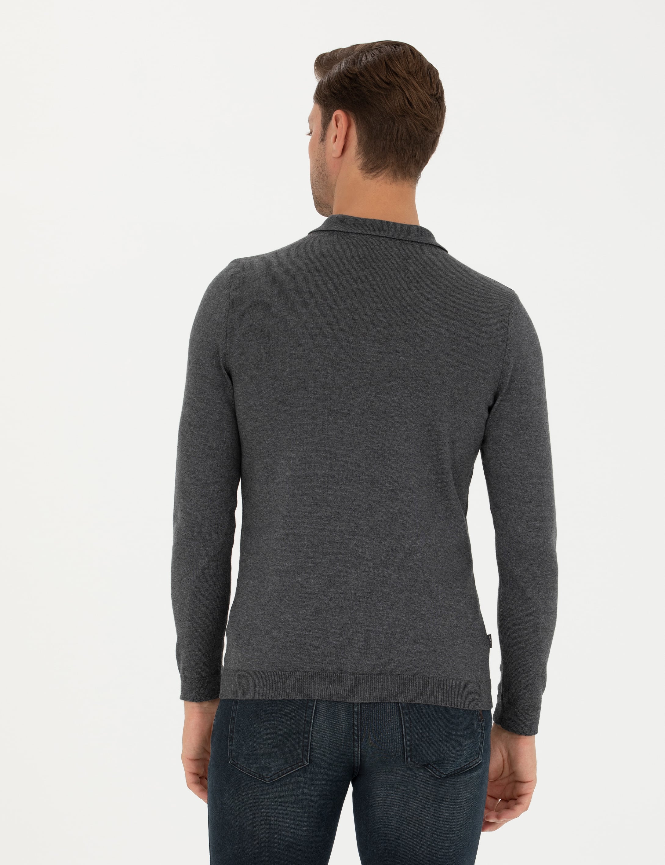 Antrasit Melanj Slim Fit Polo Yaka Basic Triko Kazak - Image 5