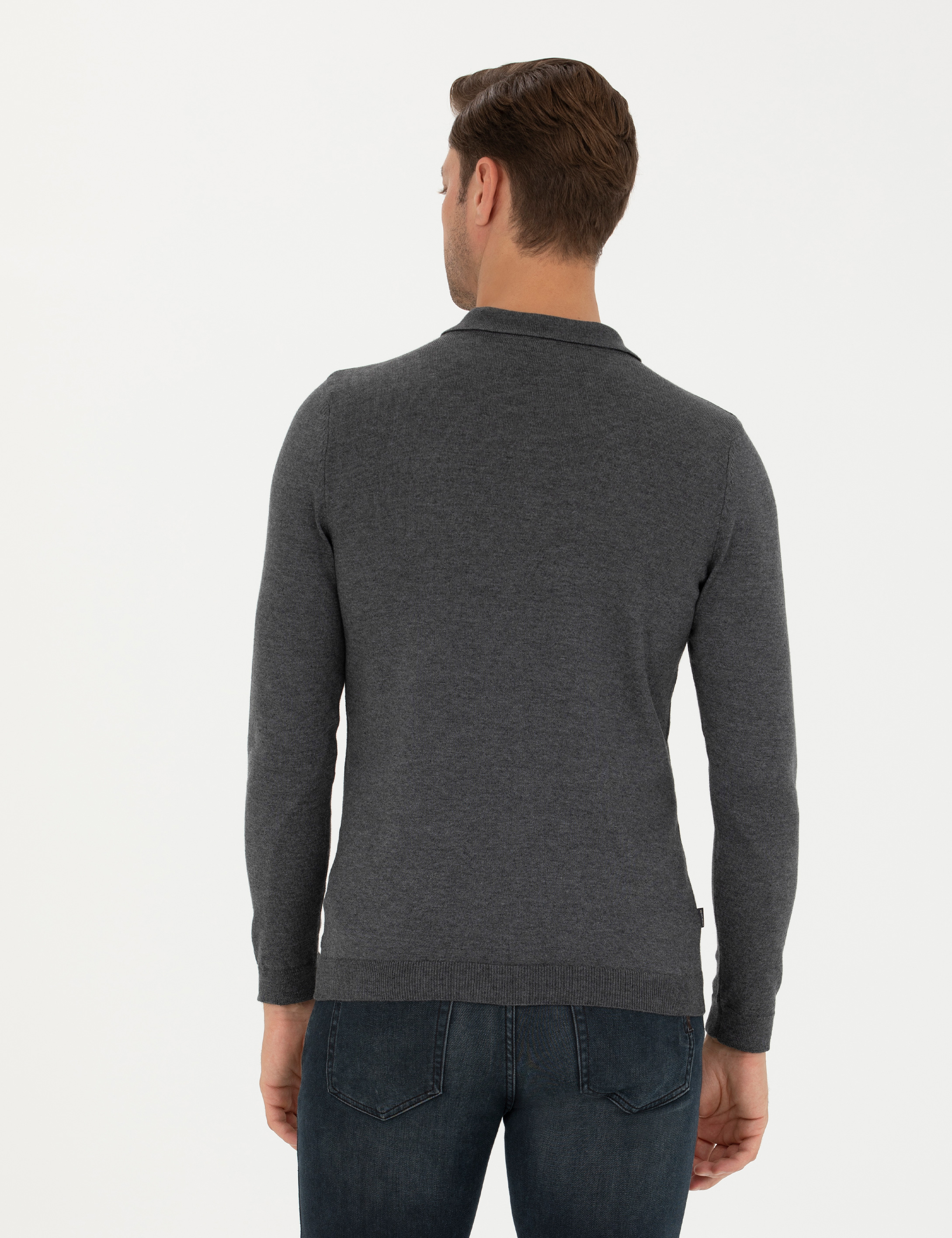 Antrasit Melanj Slim Fit Polo Yaka Basic Triko Kazak