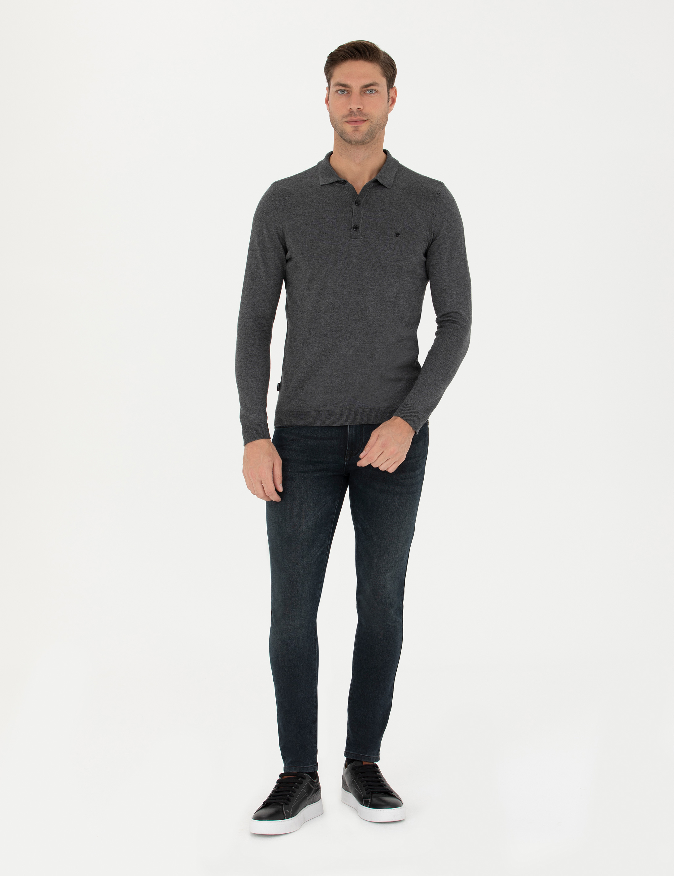 Antrasit Melanj Slim Fit Polo Yaka Basic Triko Kazak - Image 4