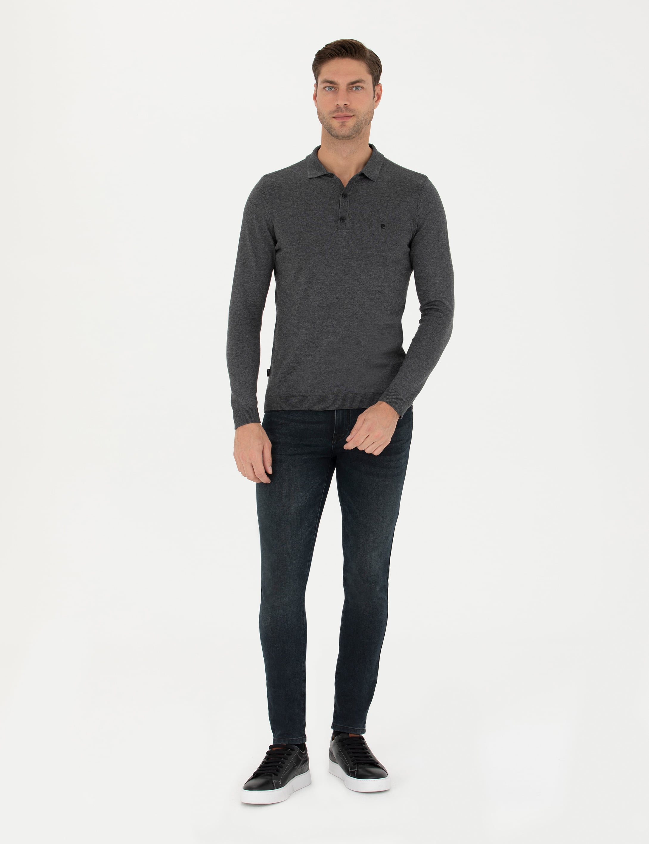 Antrasit Melanj Slim Fit Polo Yaka Basic Triko Kazak