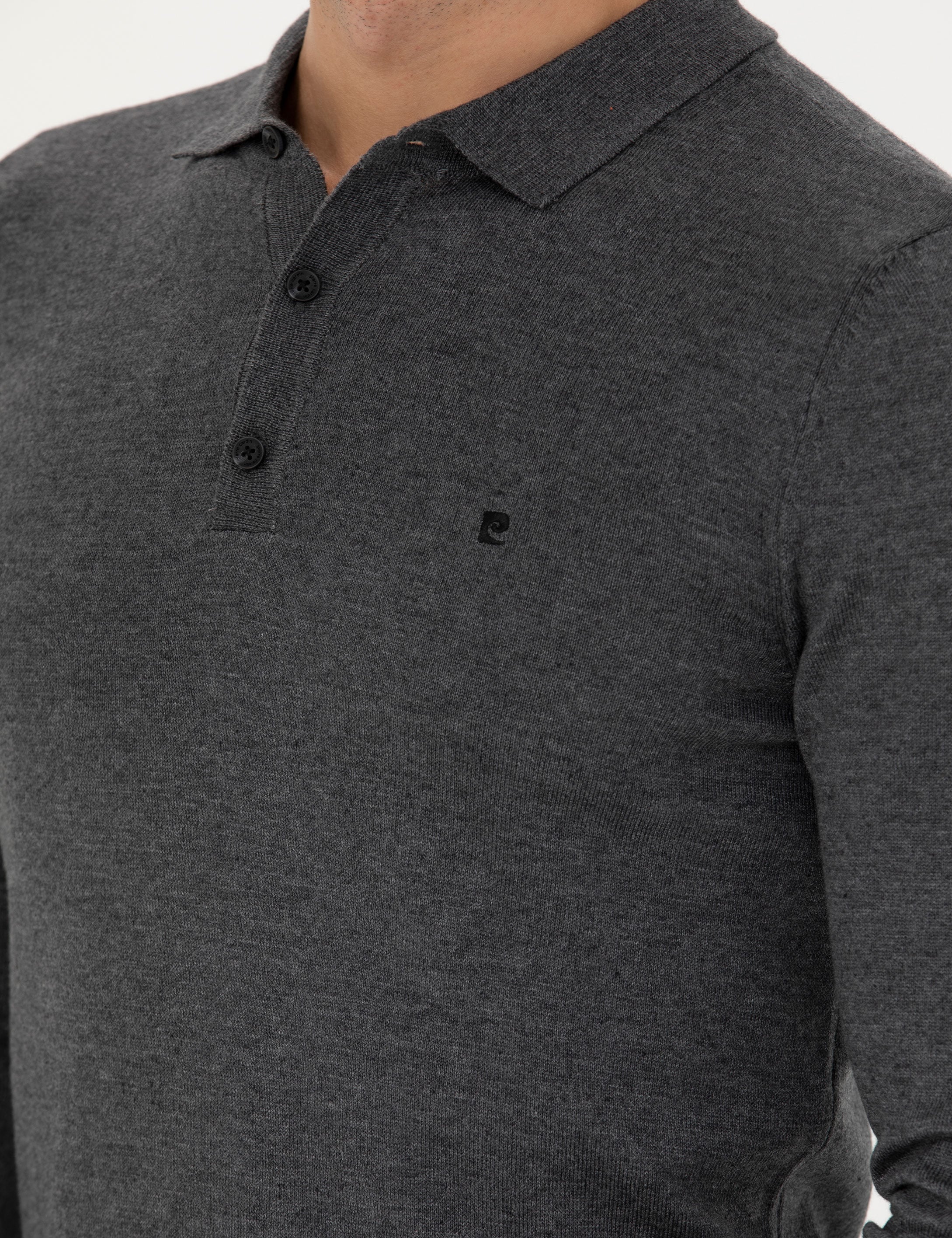 Antrasit Melanj Slim Fit Polo Yaka Basic Triko Kazak - Image 7