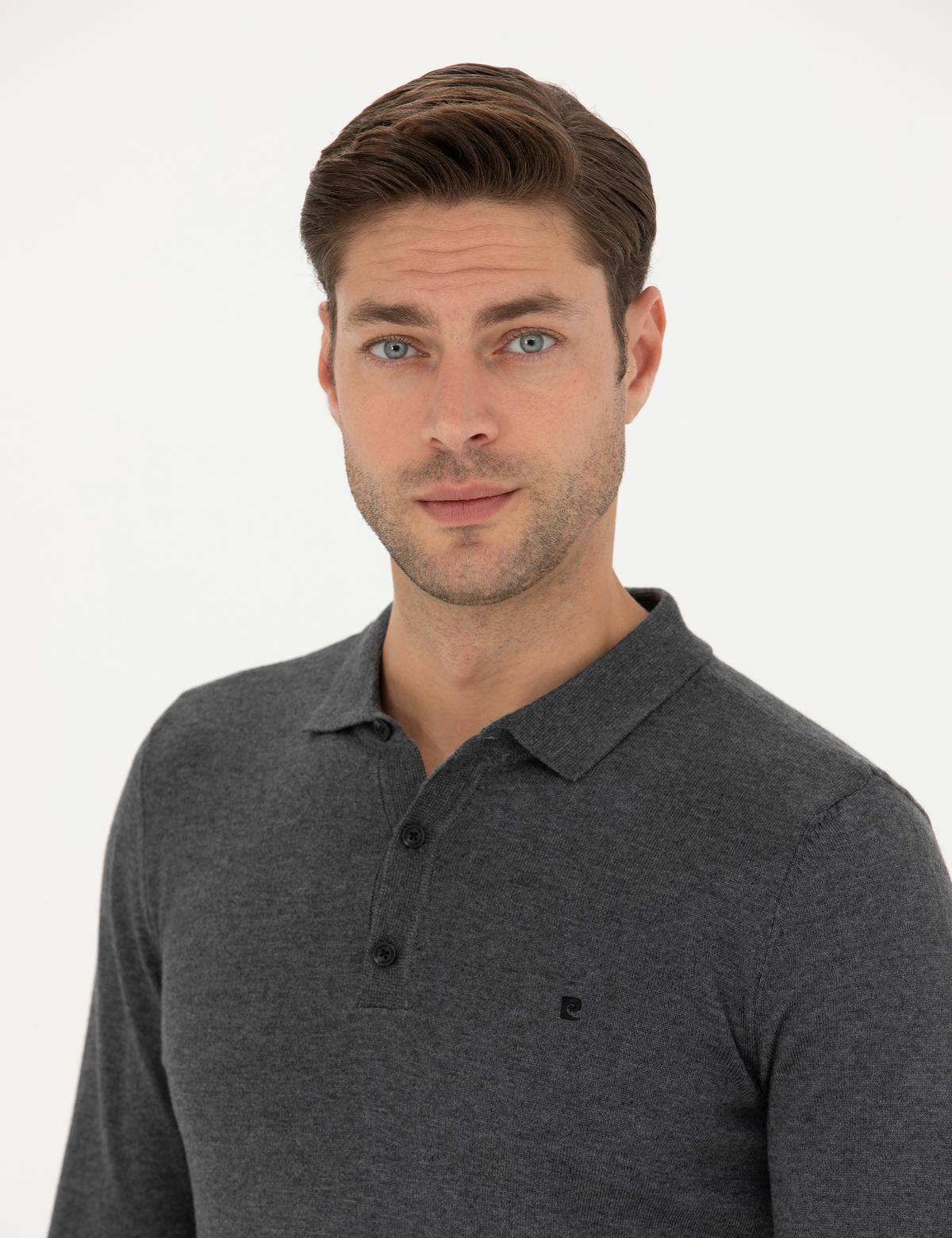 Antrasit Melanj Slim Fit Polo Yaka Basic Triko Kazak - 50276350039