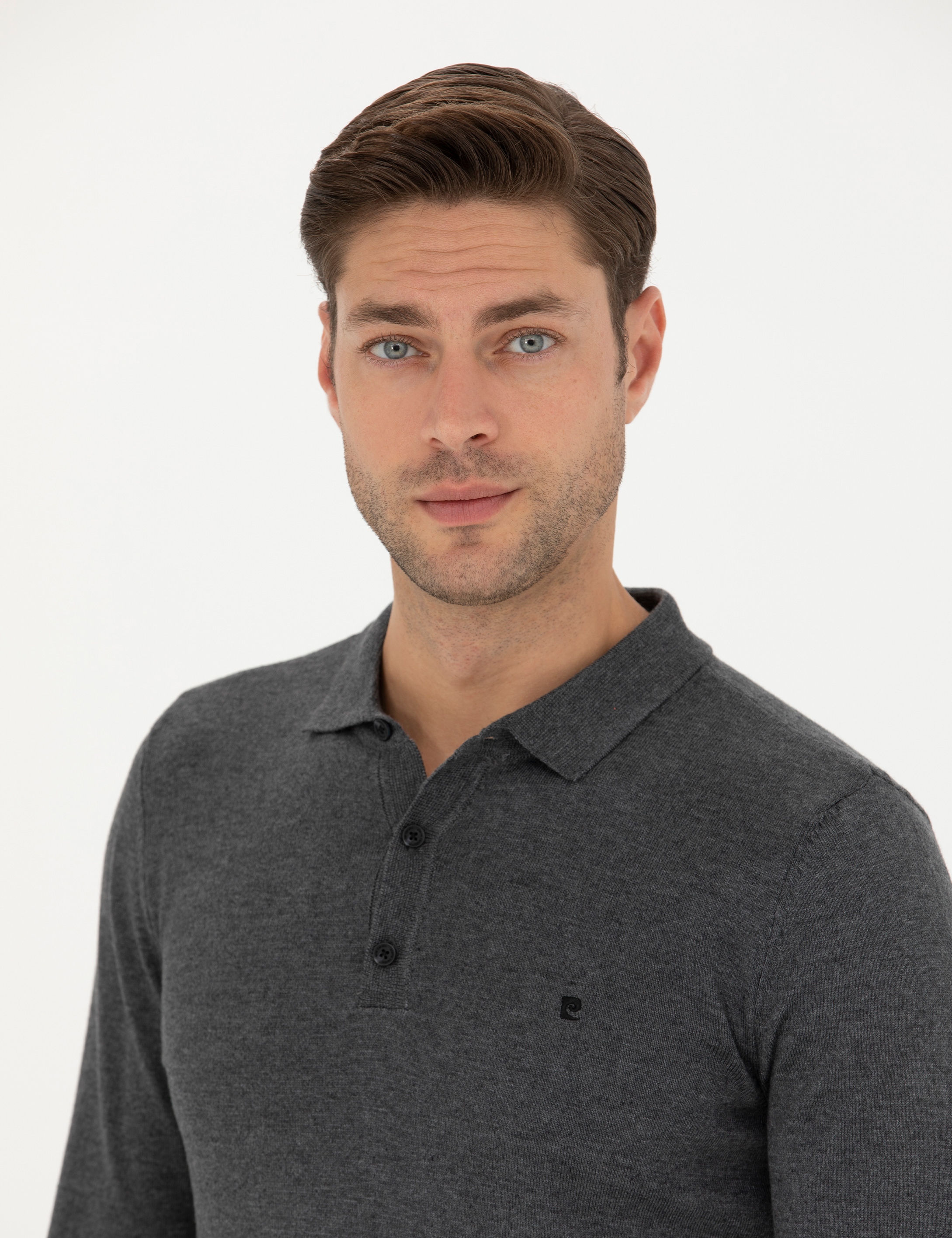 Antrasit Melanj Slim Fit Polo Yaka Basic Triko Kazak - Image 2