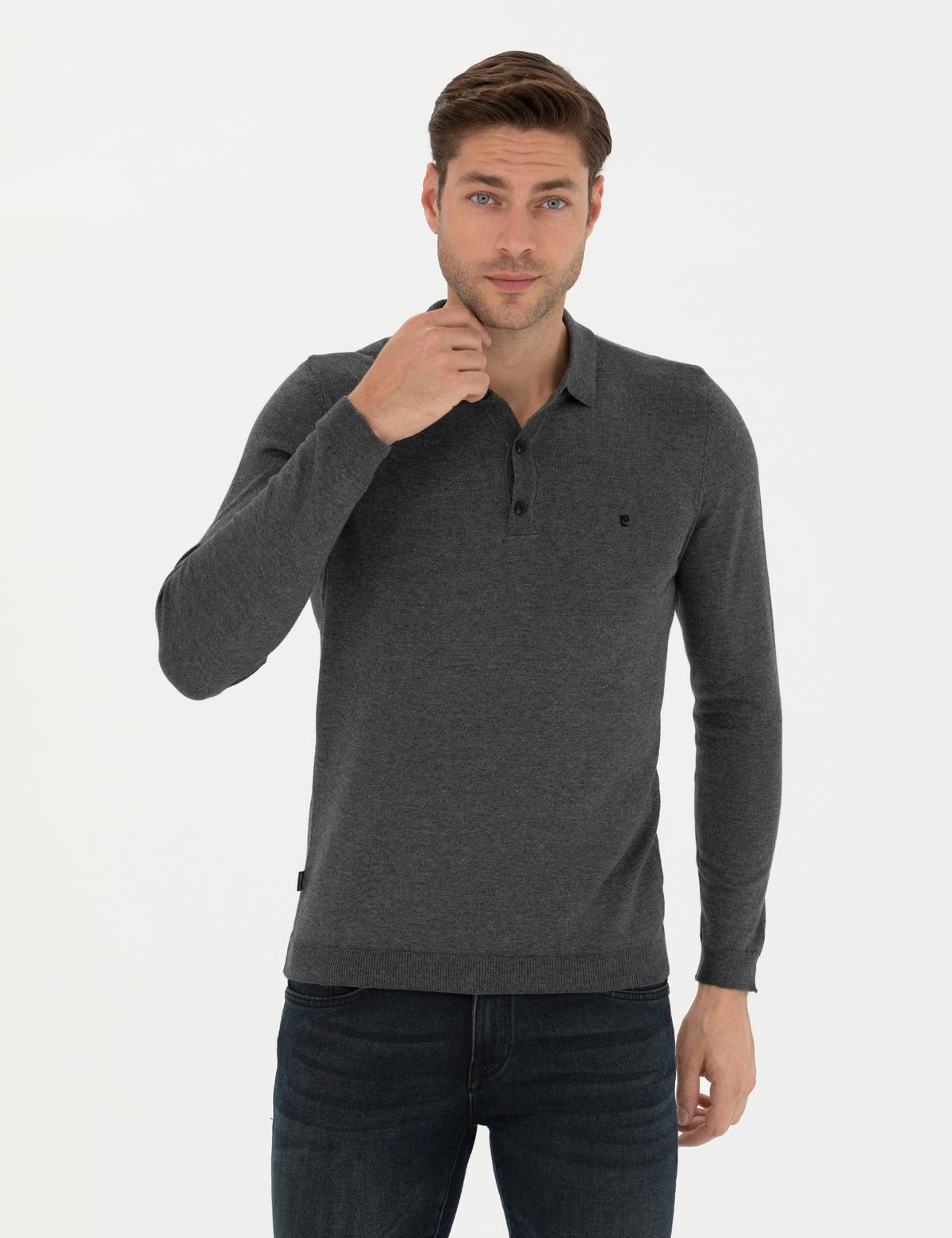 Antrasit Melanj Slim Fit Polo Yaka Basic Triko Kazak