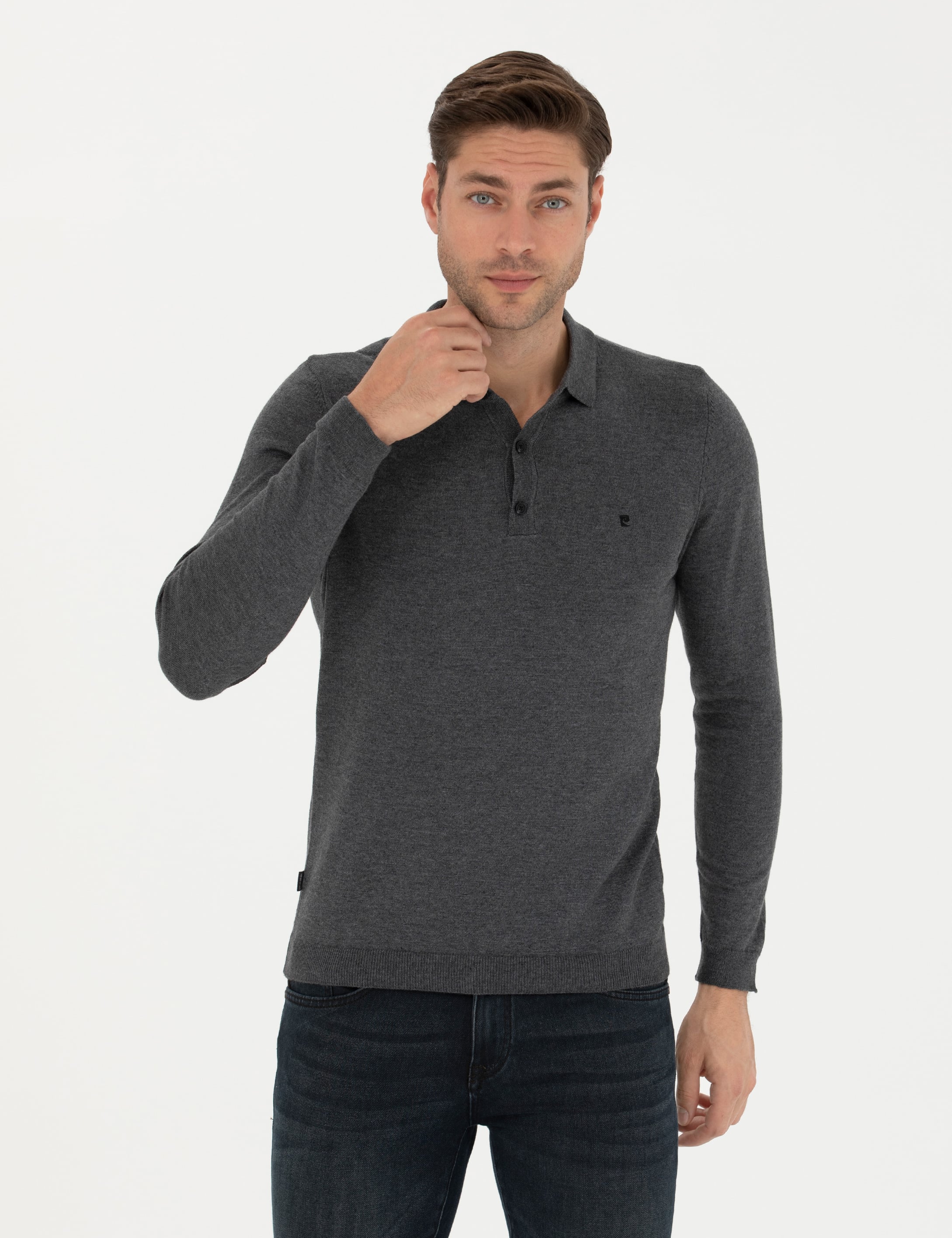 Antrasit Melanj Slim Fit Polo Yaka Basic Triko Kazak - Image 1
