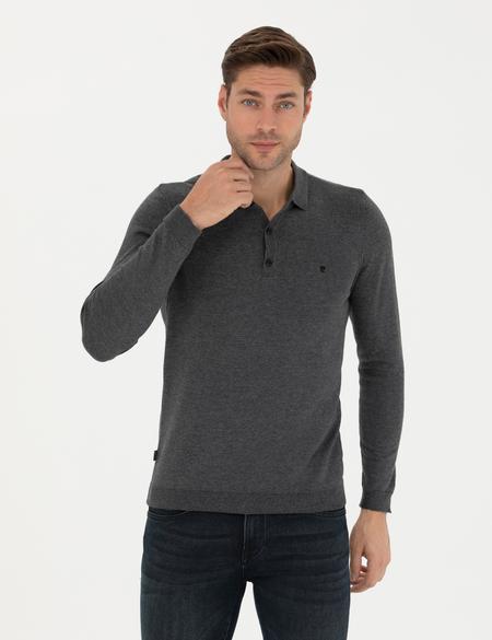 Antrasit Melanj Slim Fit Polo Yaka Basic Triko Kazak - 50276350039