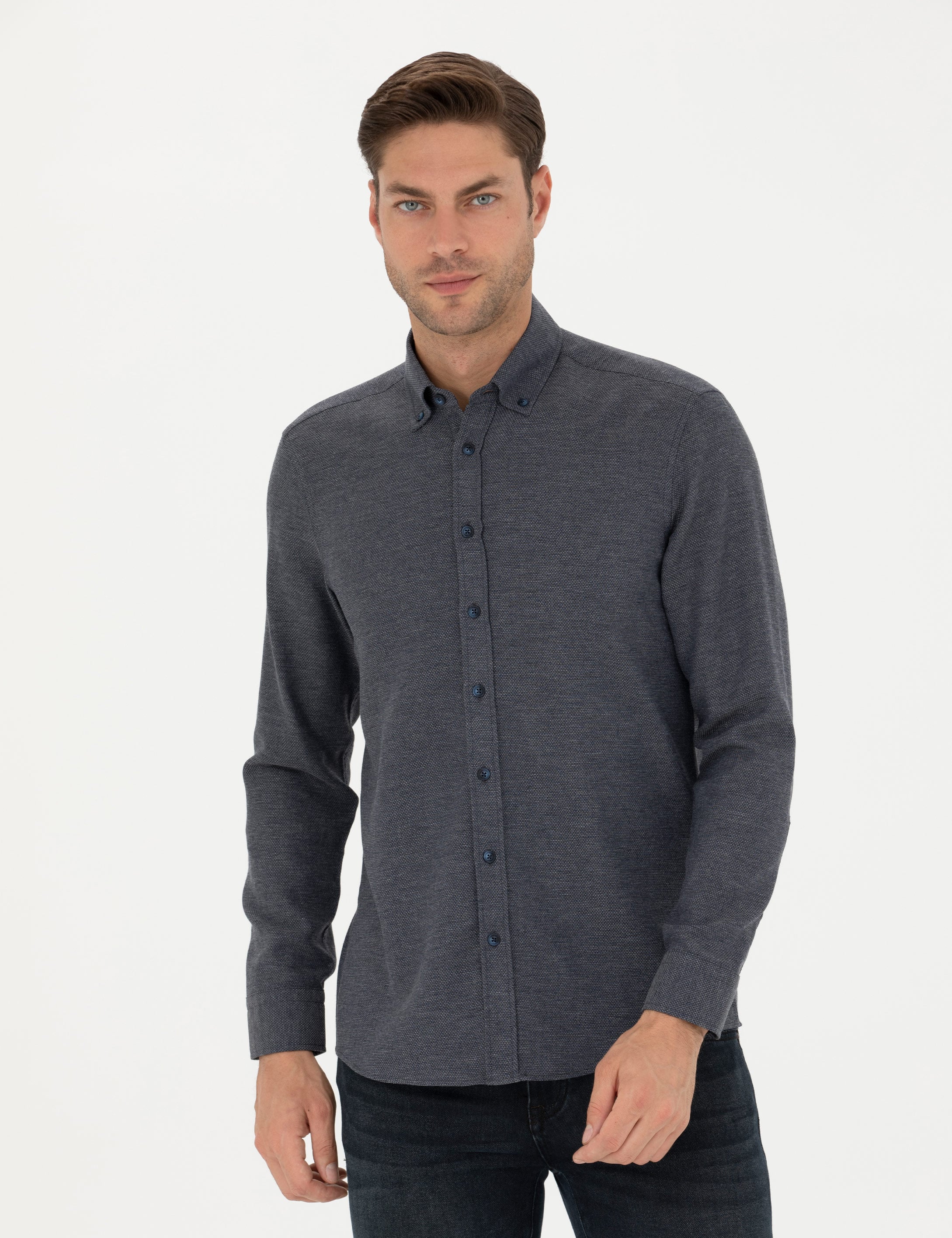 Lacivert Slim Fit Uzun Kollu Gömlek - Image 3