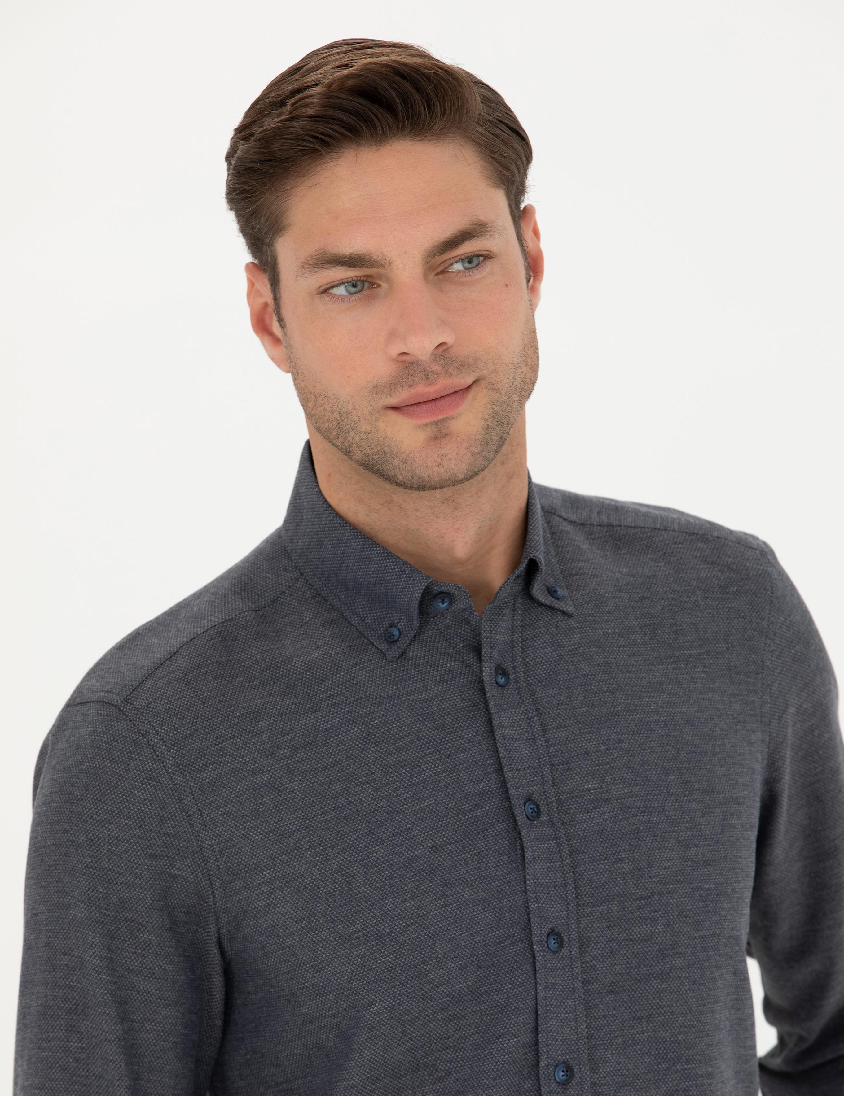 Lacivert Slim Fit Uzun Kollu Gömlek