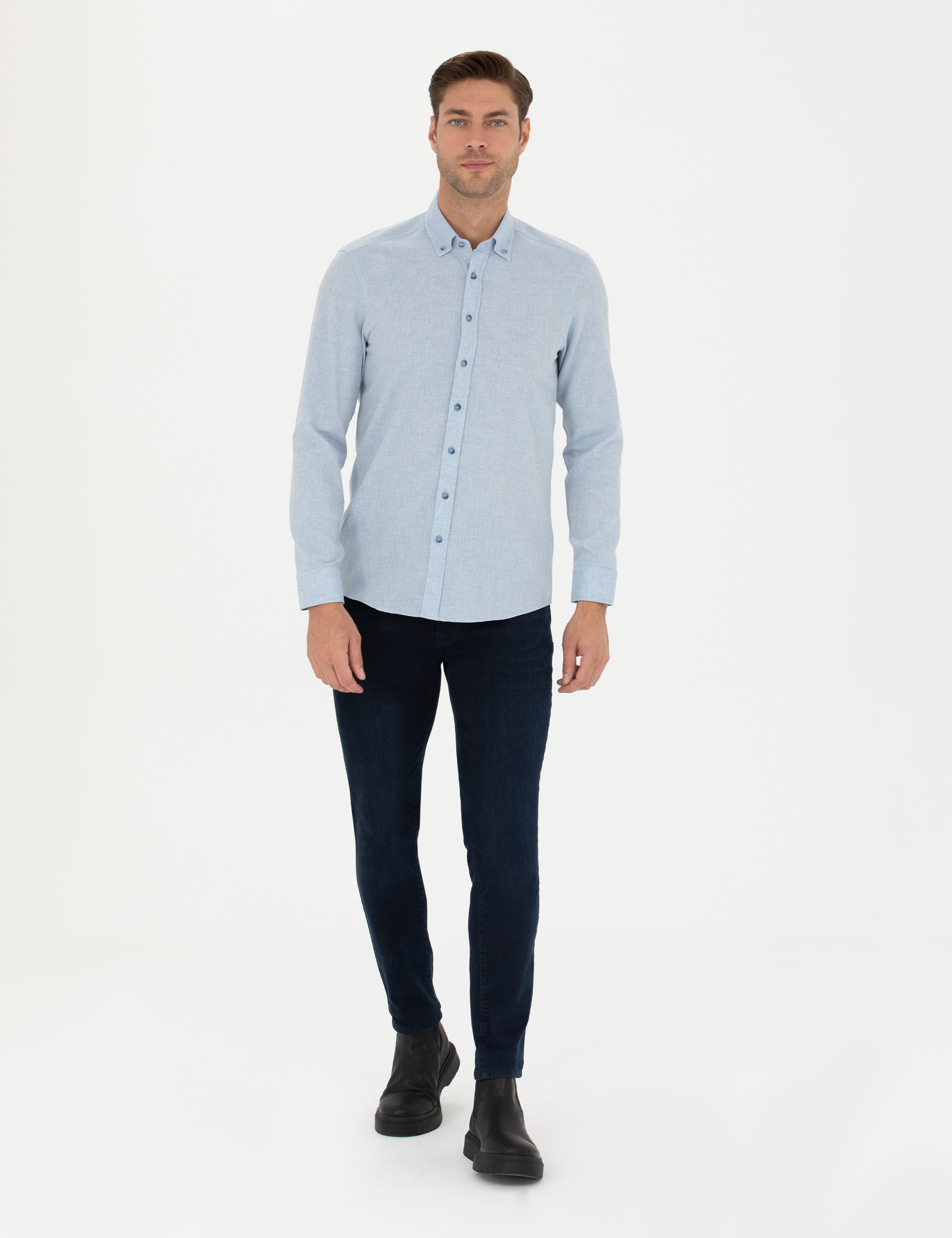 Açık Mavi Slim Fit Uzun Kollu Gömlek - Image 4
