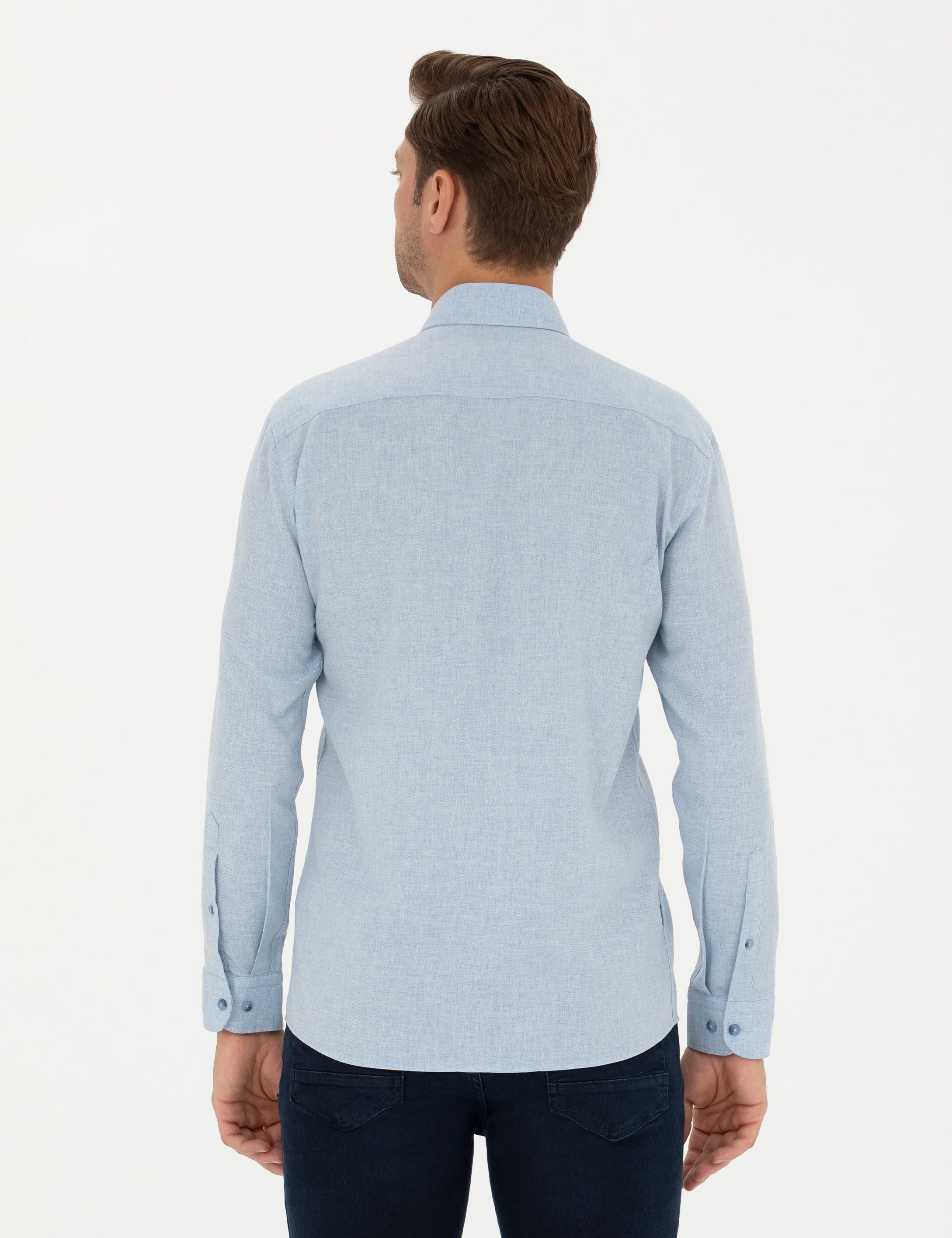 Açık Mavi Slim Fit Uzun Kollu Gömlek - Image 5