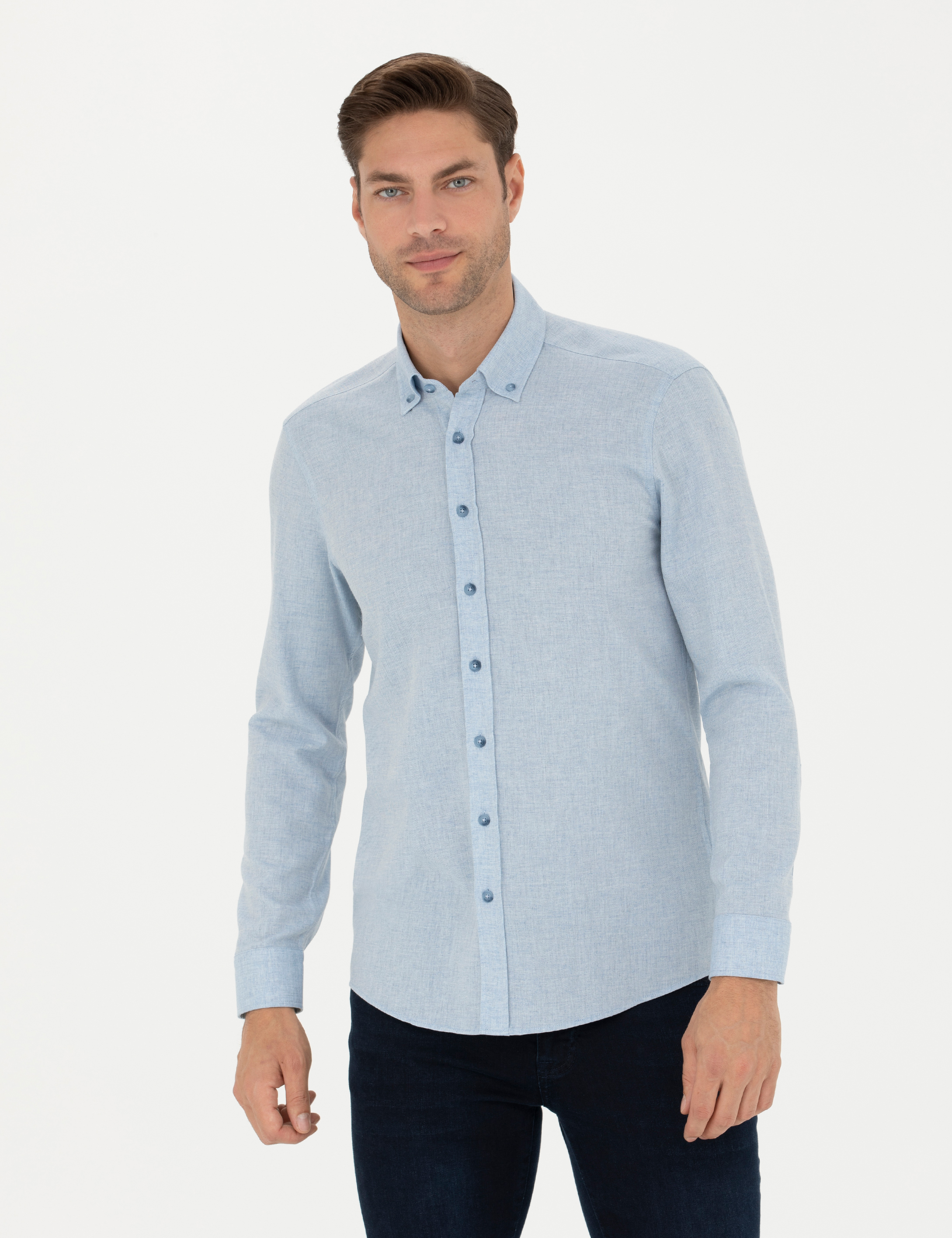 Açık Mavi Slim Fit Uzun Kollu Gömlek - Image 1