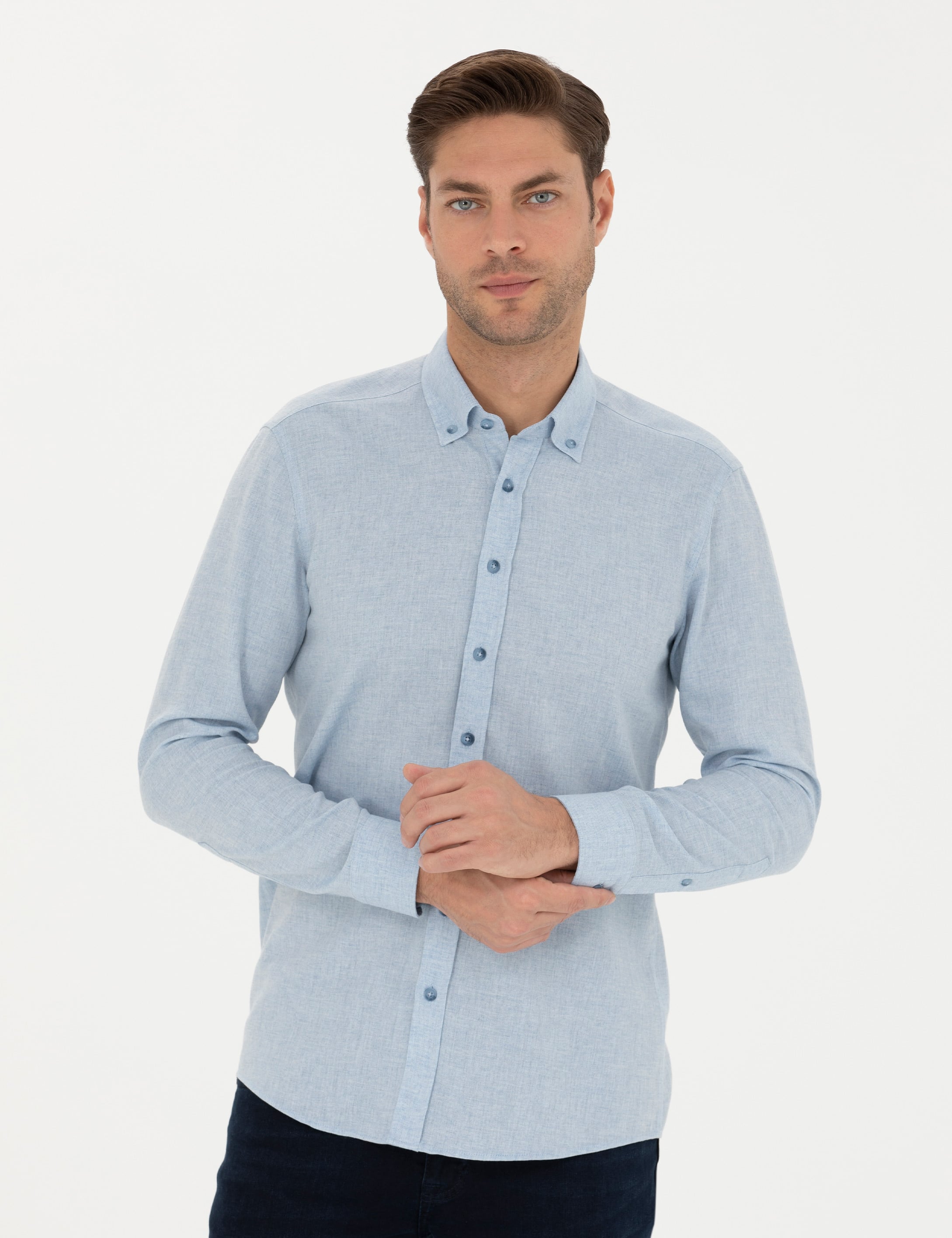 Açık Mavi Slim Fit Uzun Kollu Gömlek - Image 3