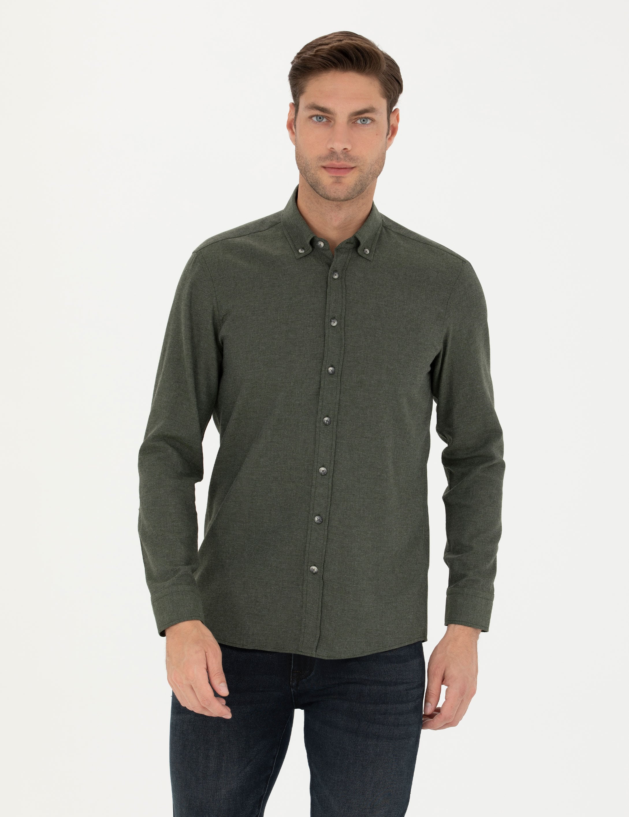 Haki Slim Fit Uzun Kollu Gömlek - Image 1