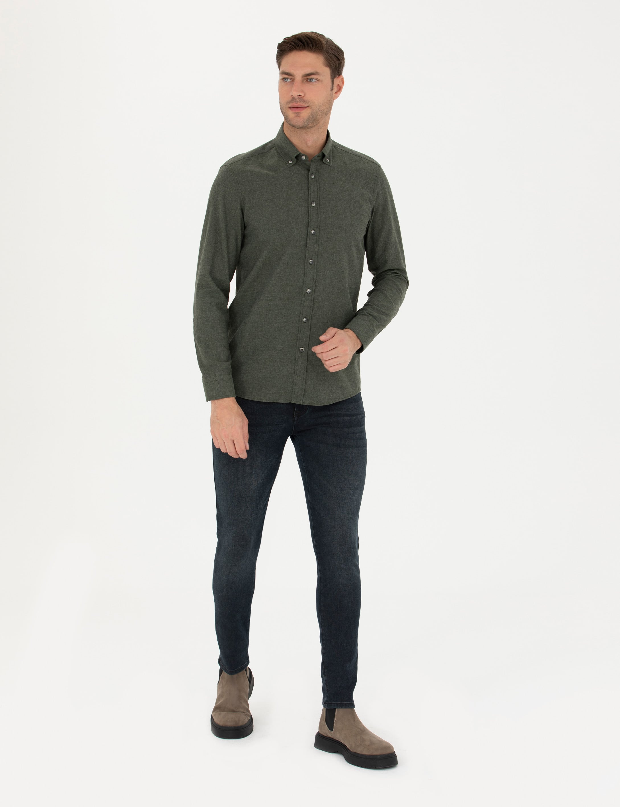 Haki Slim Fit Uzun Kollu Gömlek - Image 4