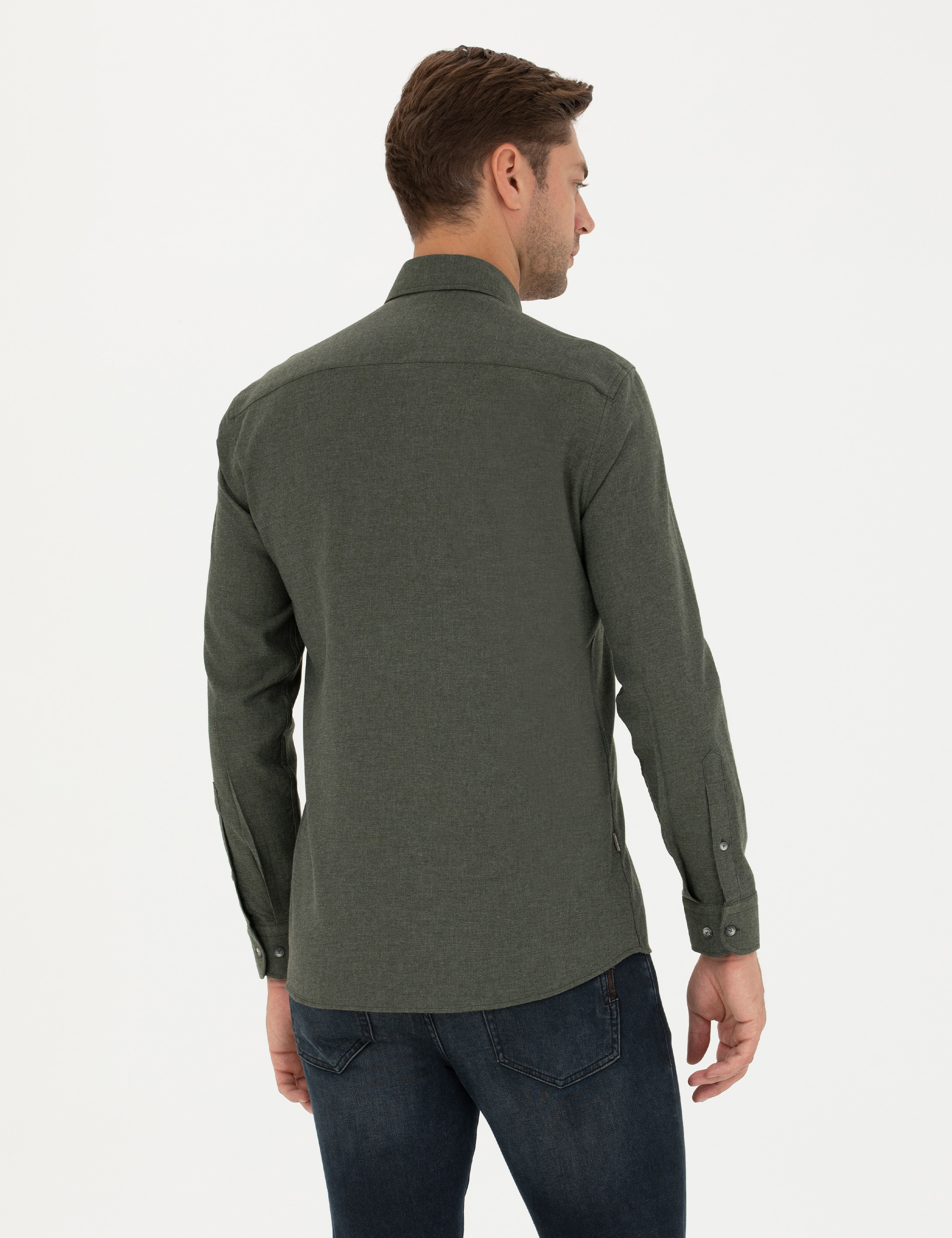 Haki Slim Fit Uzun Kollu Gömlek - Image 5