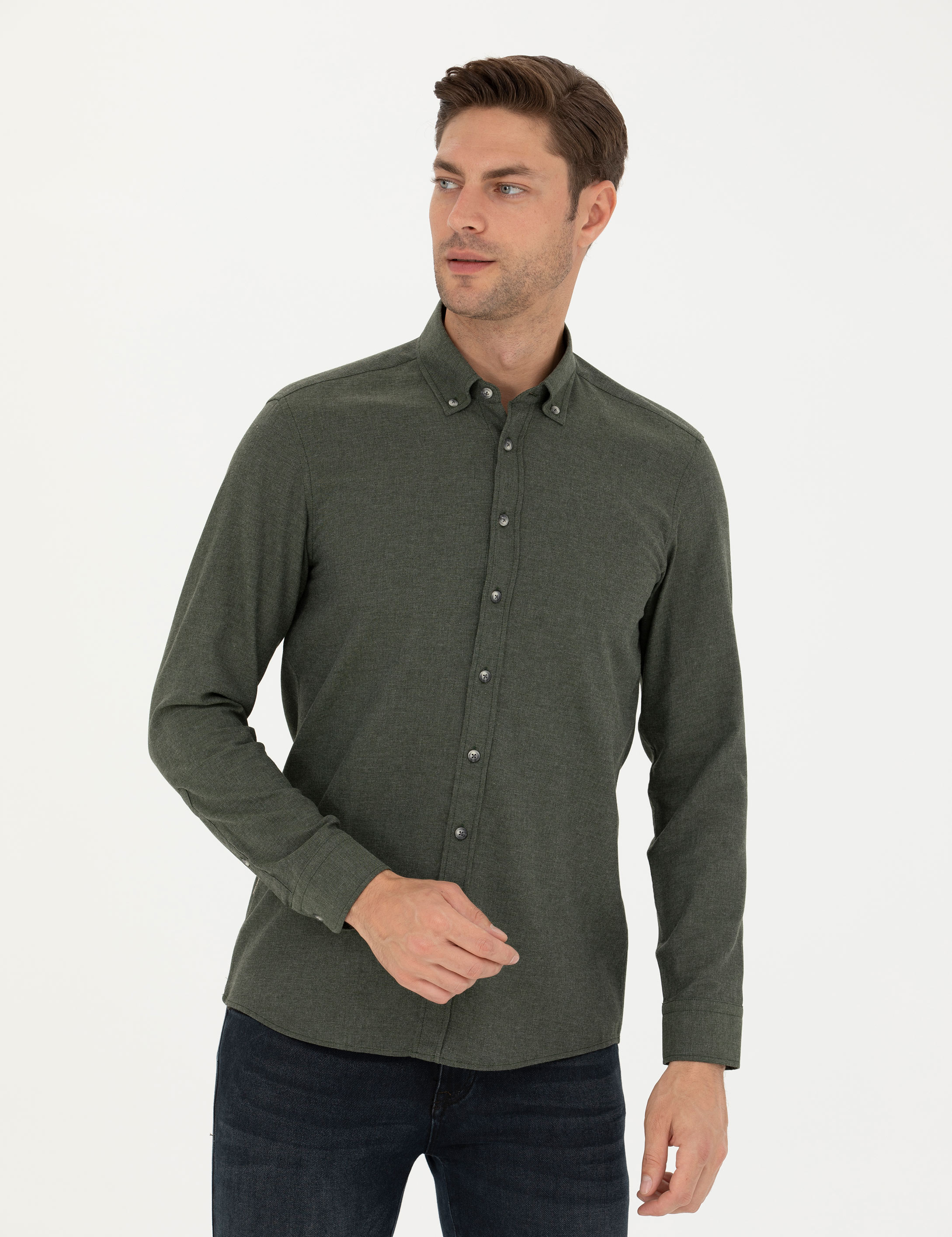 Haki Slim Fit Uzun Kollu Gömlek - Image 3