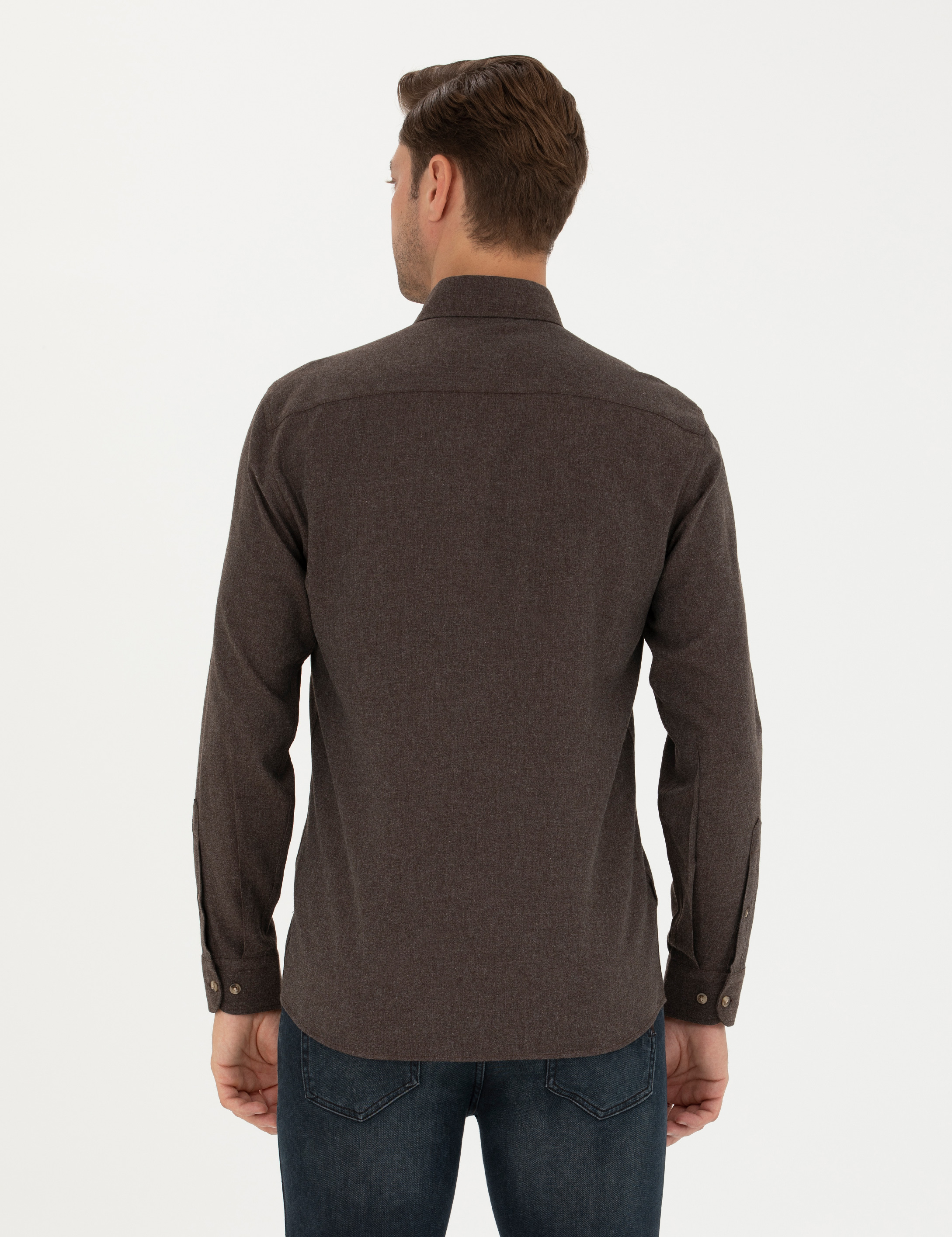 Kahverengi Slim Fit Uzun Kollu Gömlek - Image 5