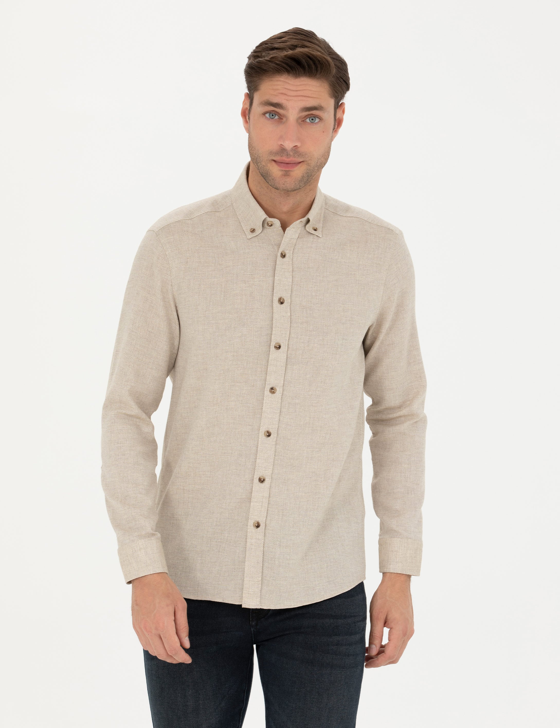 Bej Slim Fit Uzun Kollu Gömlek - Image 1
