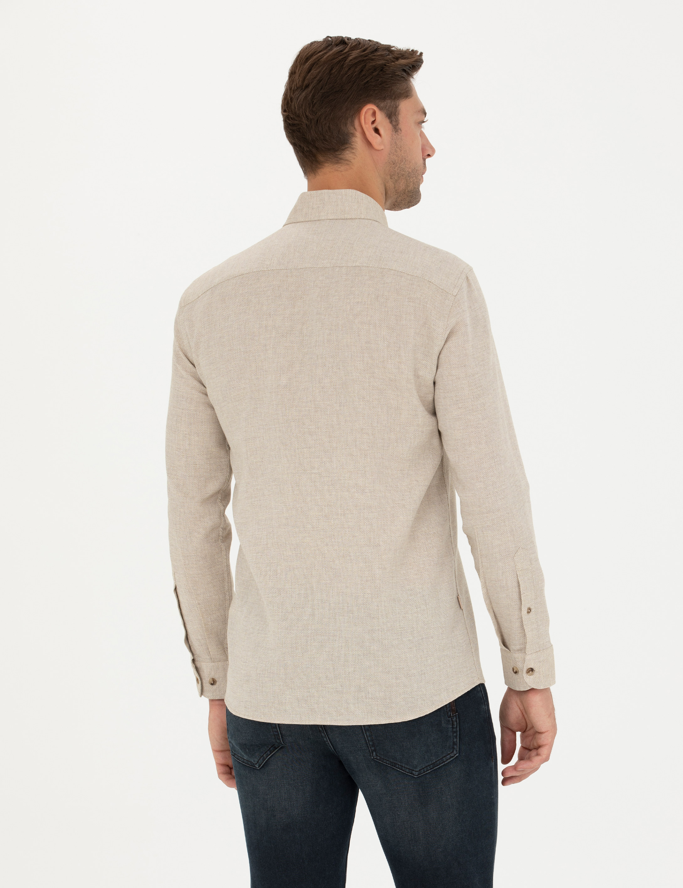 Bej Slim Fit Uzun Kollu Gömlek - Image 5