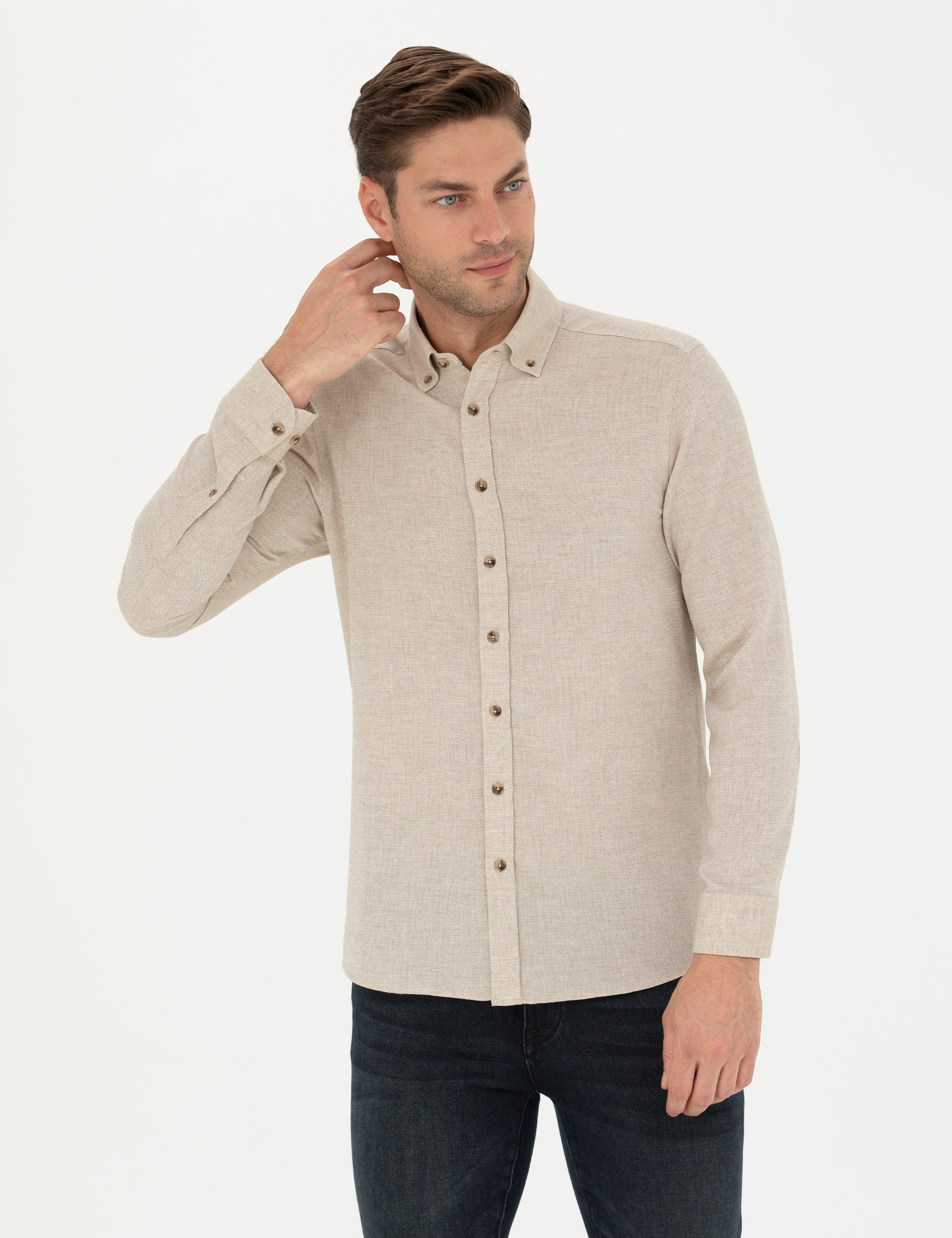 Bej Slim Fit Uzun Kollu Gömlek - Image 3