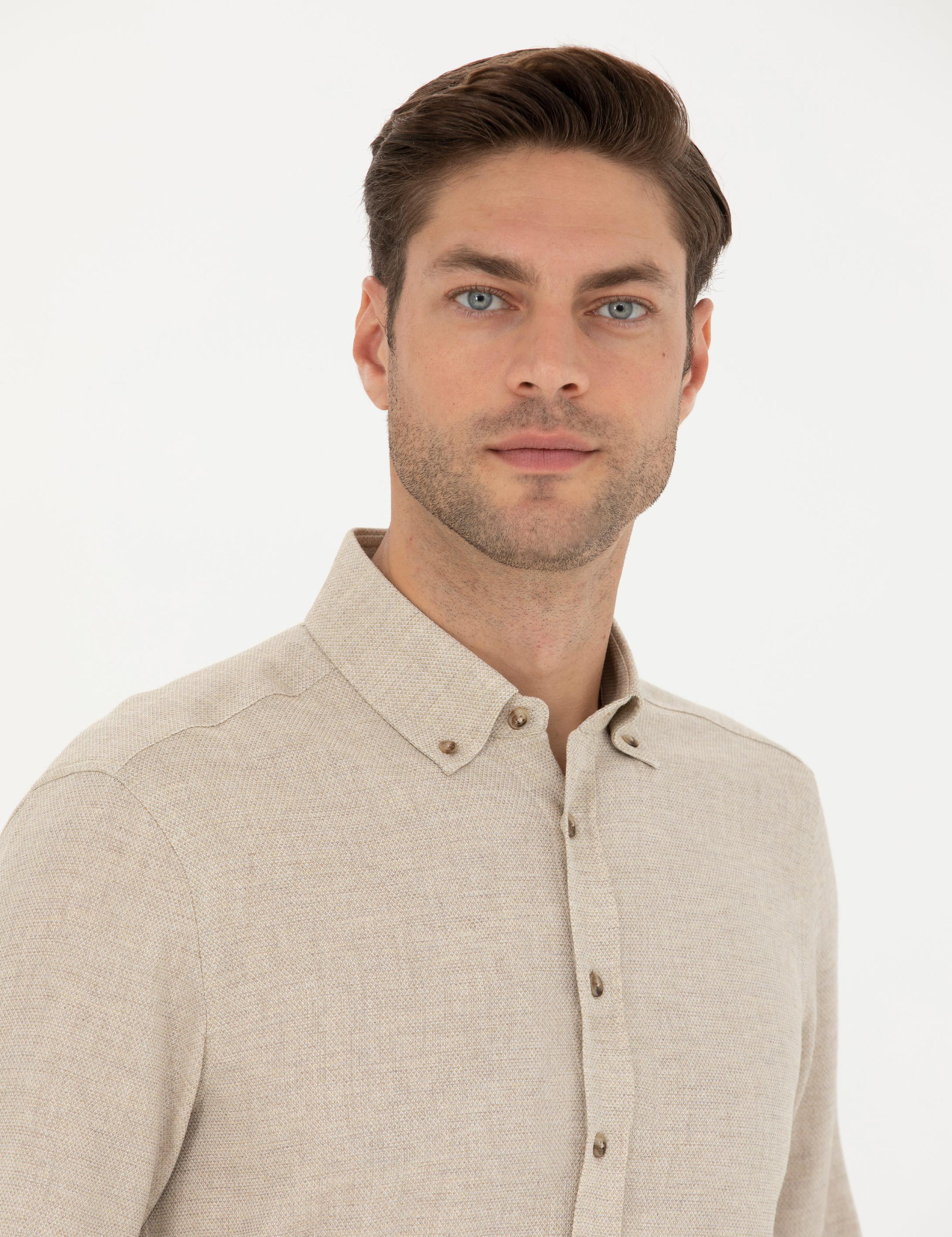 Bej Slim Fit Uzun Kollu Gömlek