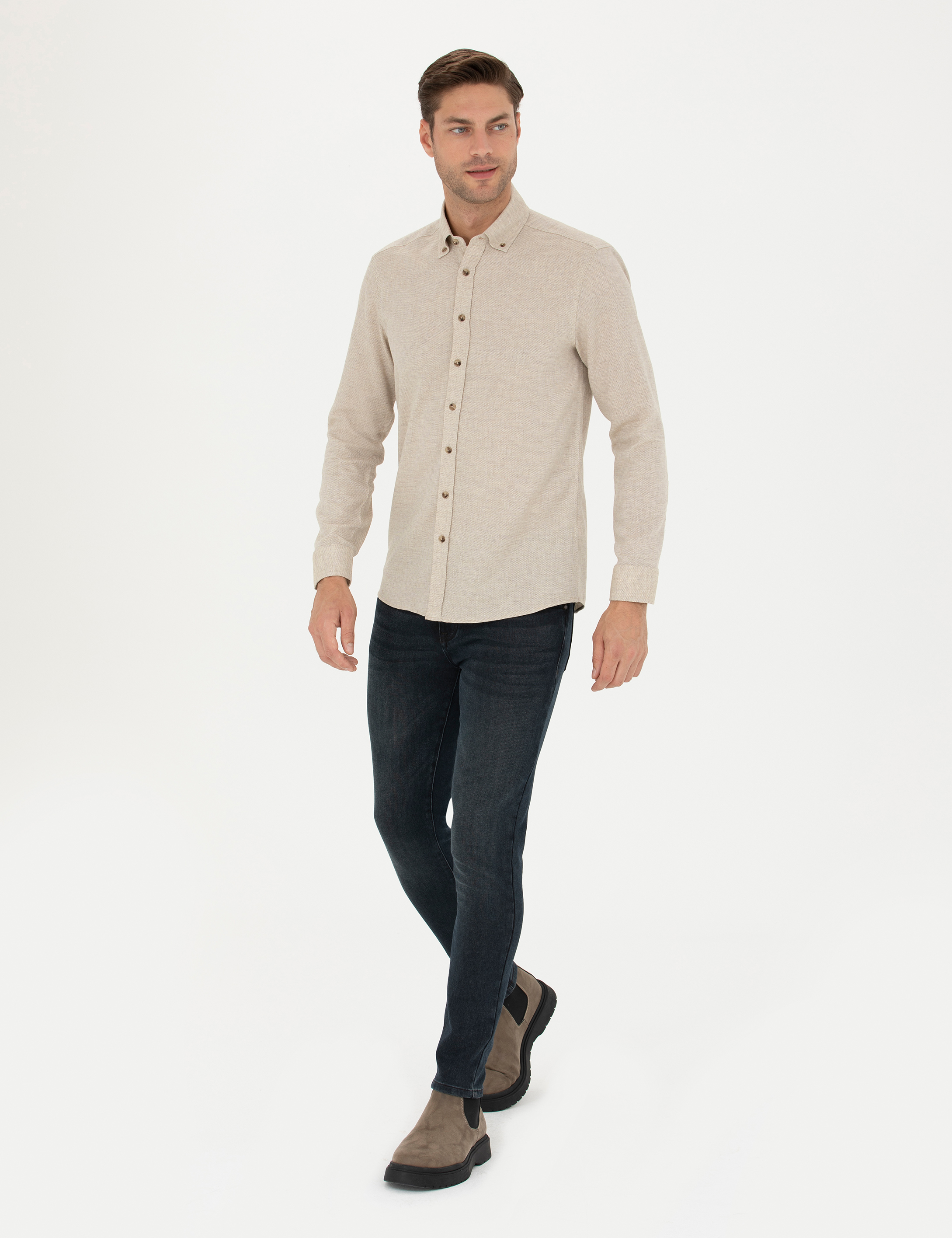 Bej Slim Fit Uzun Kollu Gömlek - Image 4