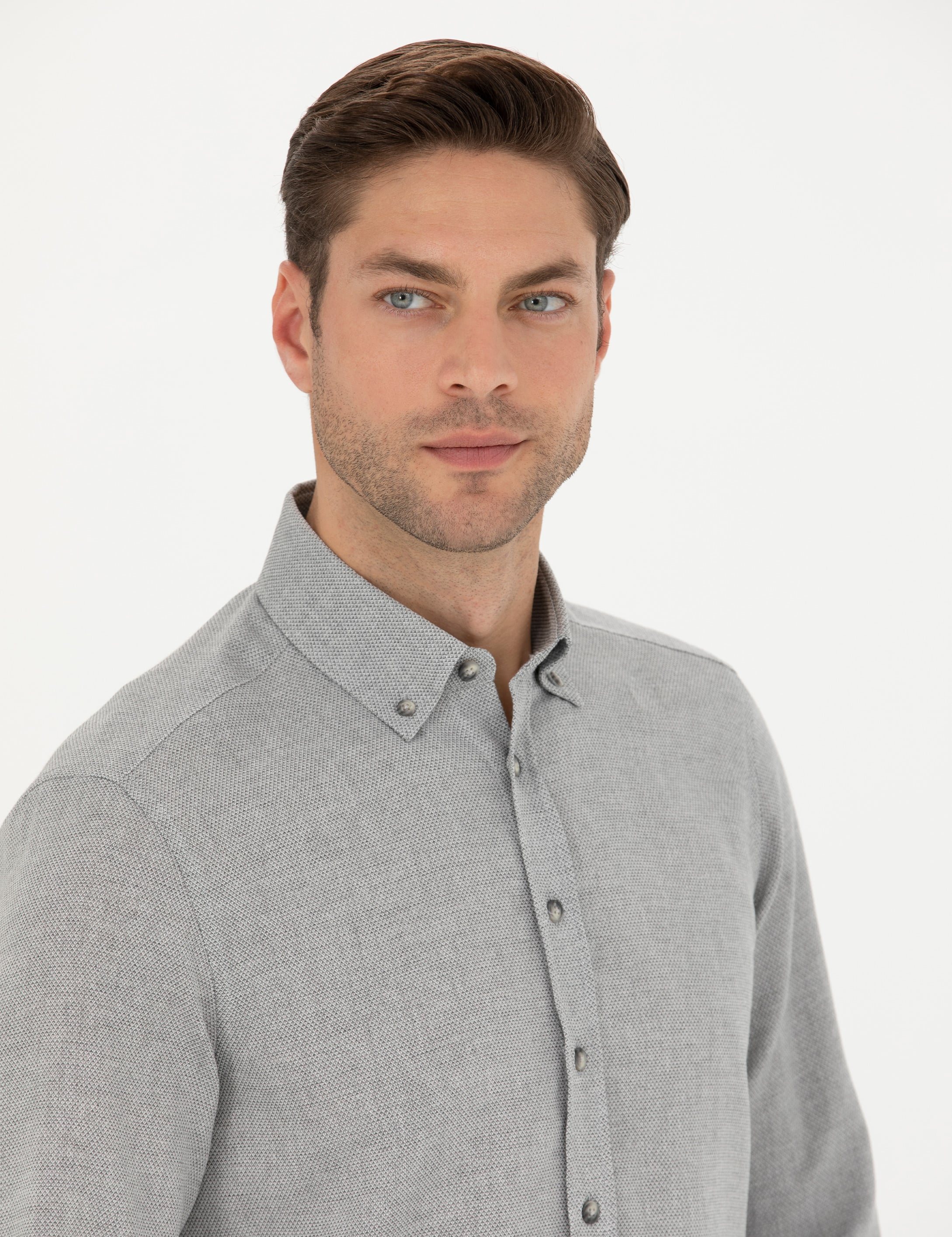 Gri Slim Fit Uzun Kollu Gömlek - Image 2