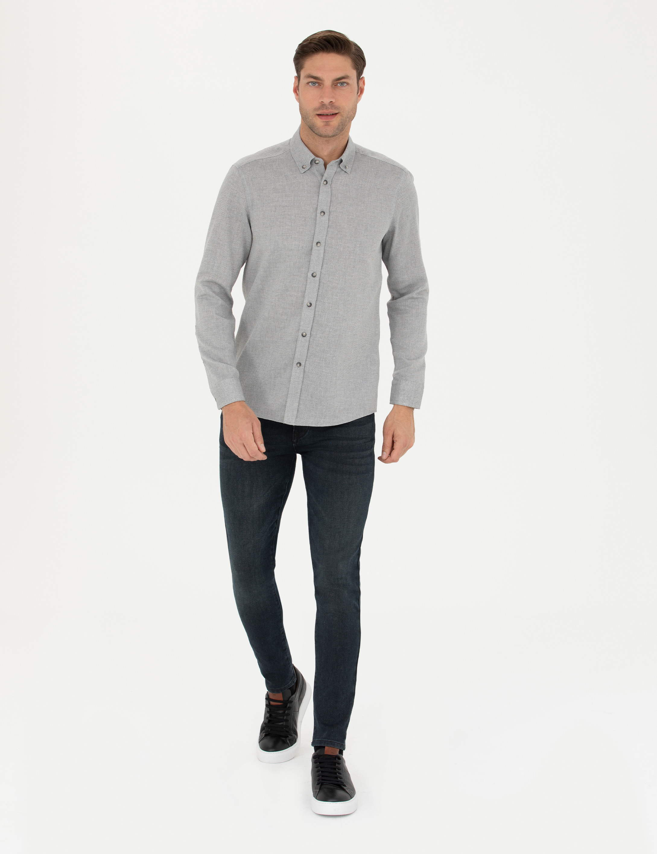 Gri Slim Fit Uzun Kollu Gömlek - Image 4