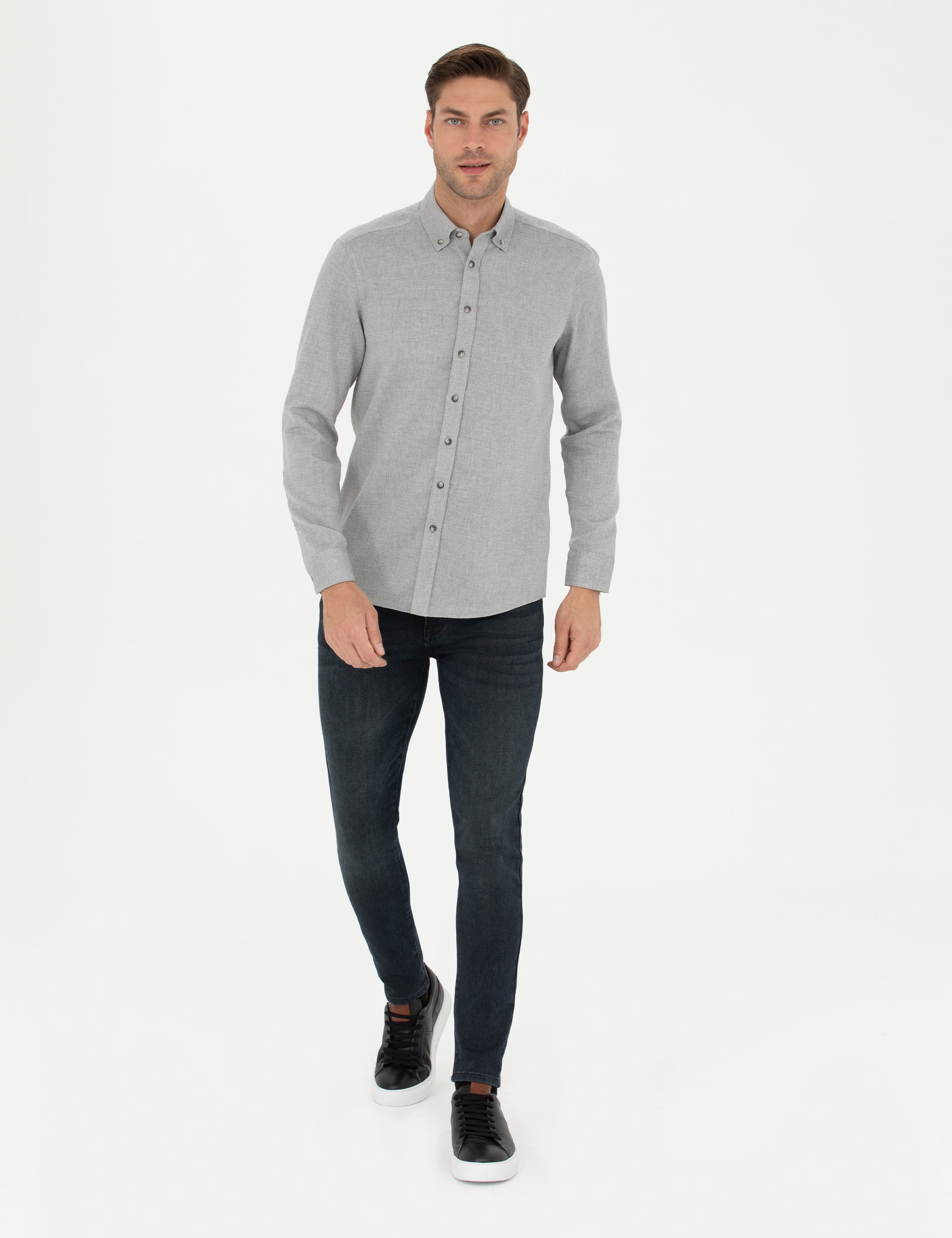 Gri Slim Fit Uzun Kollu Gömlek