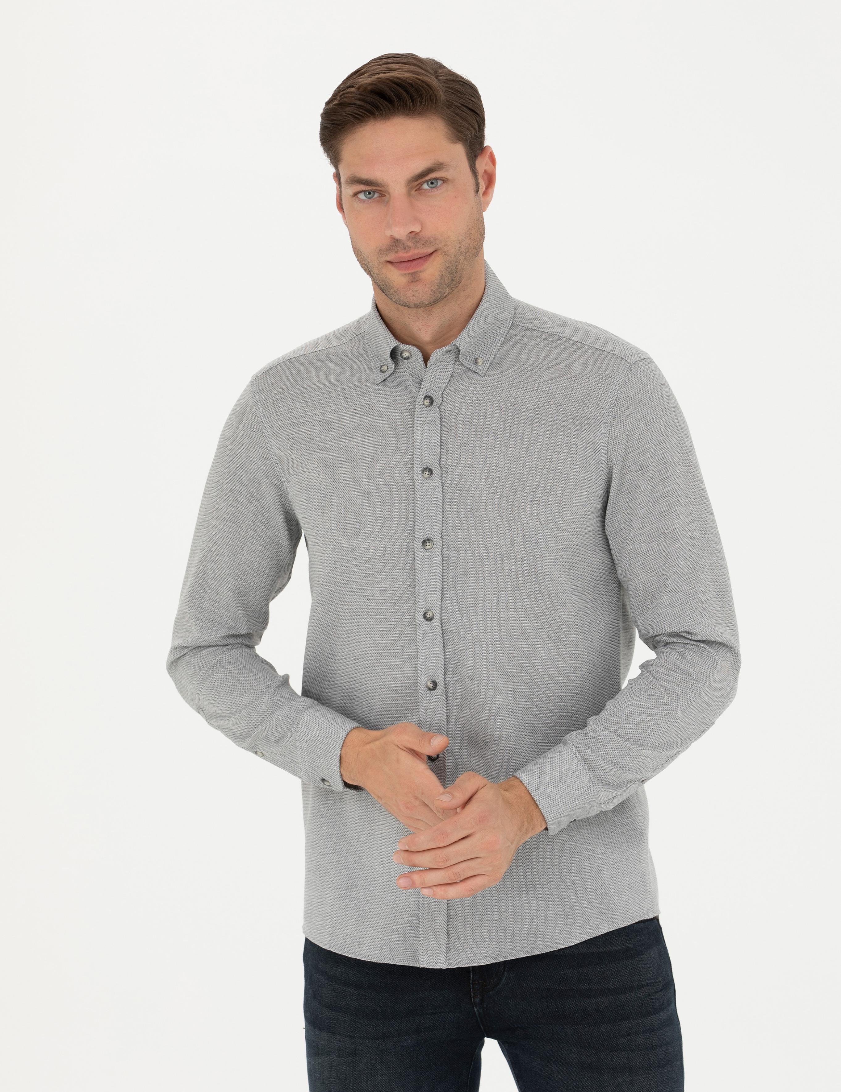 Gri Slim Fit Uzun Kollu Gömlek