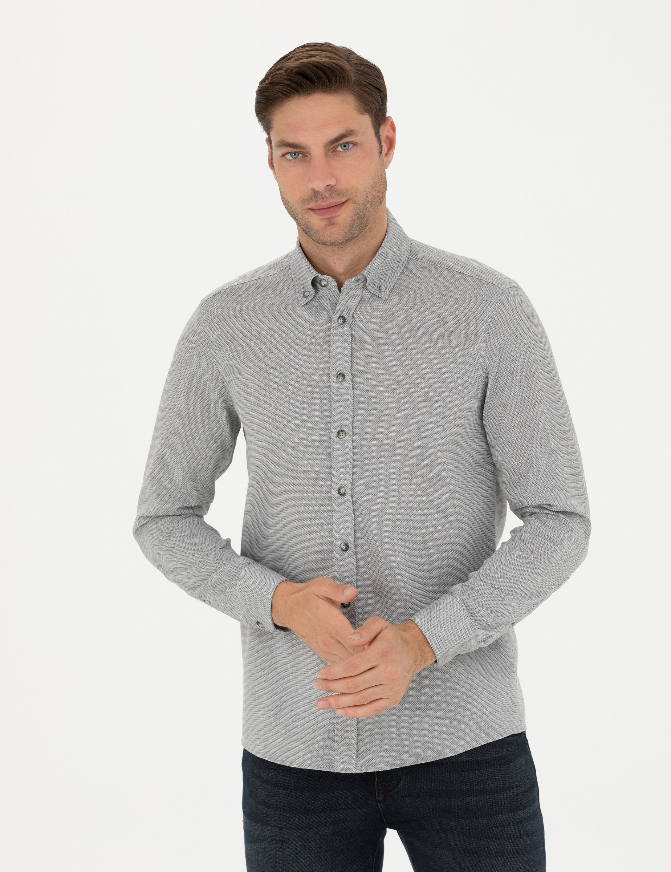 Gri Slim Fit Uzun Kollu Gömlek - Image 3