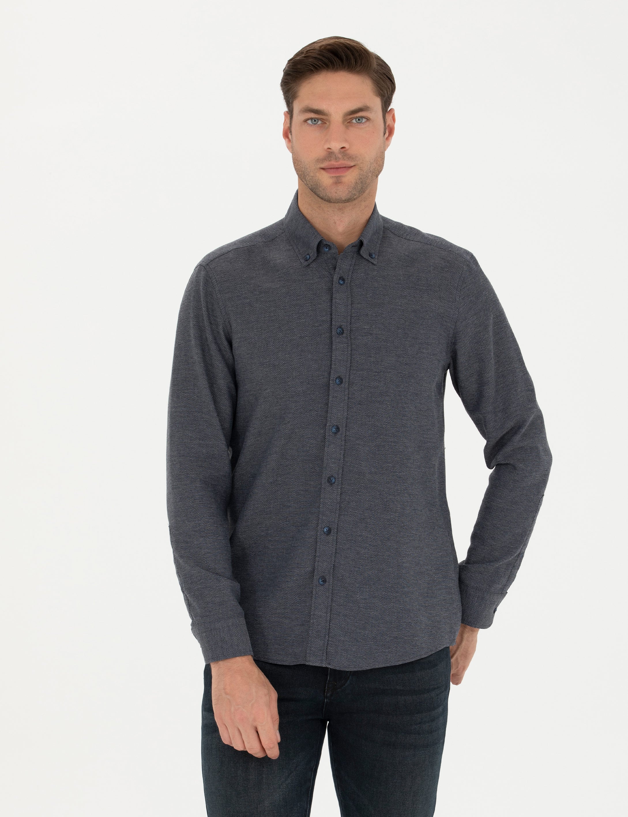 Lacivert Slim Fit Uzun Kollu Gömlek - Image 1