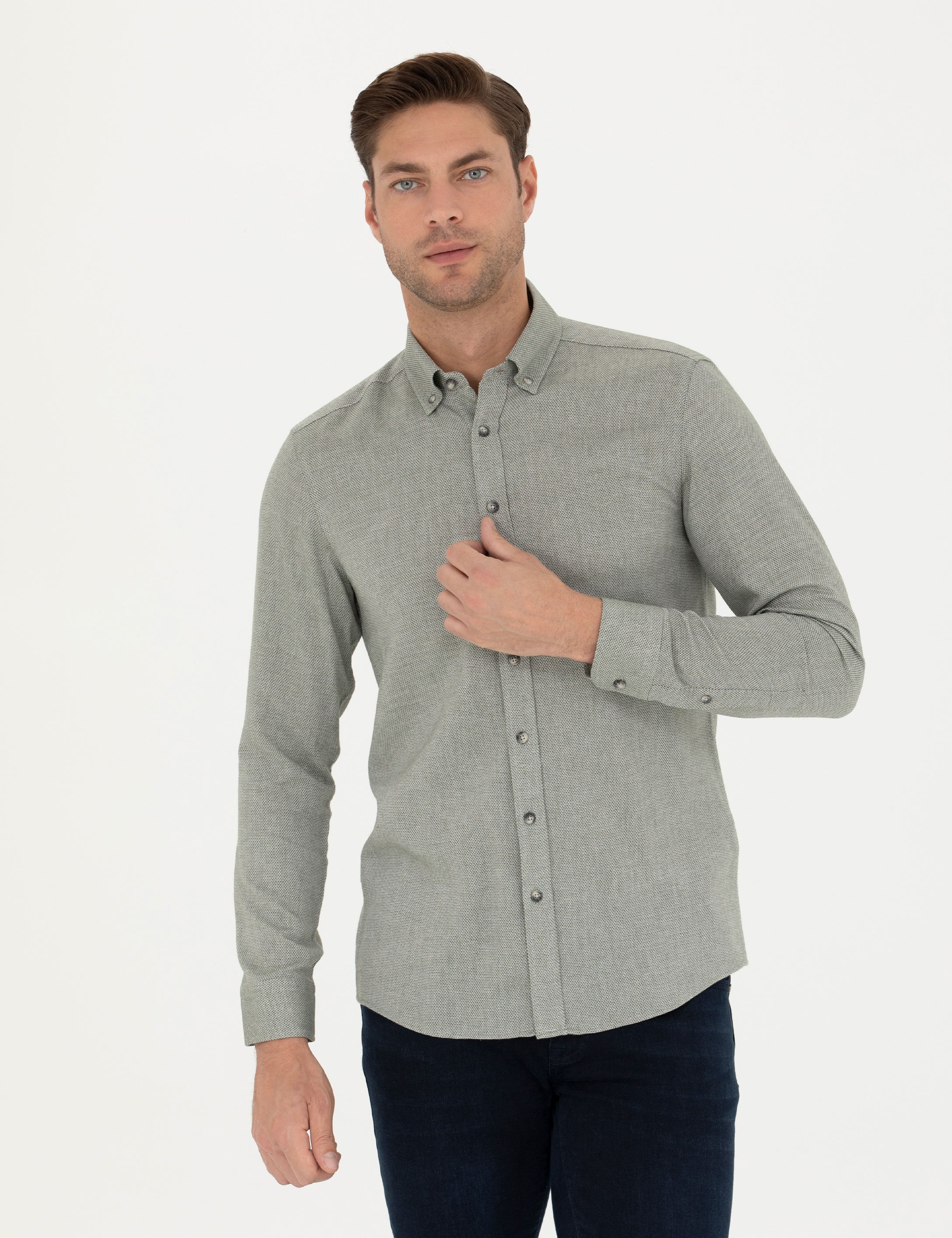 Yeşil Slim Fit Uzun Kollu Gömlek - Image 3