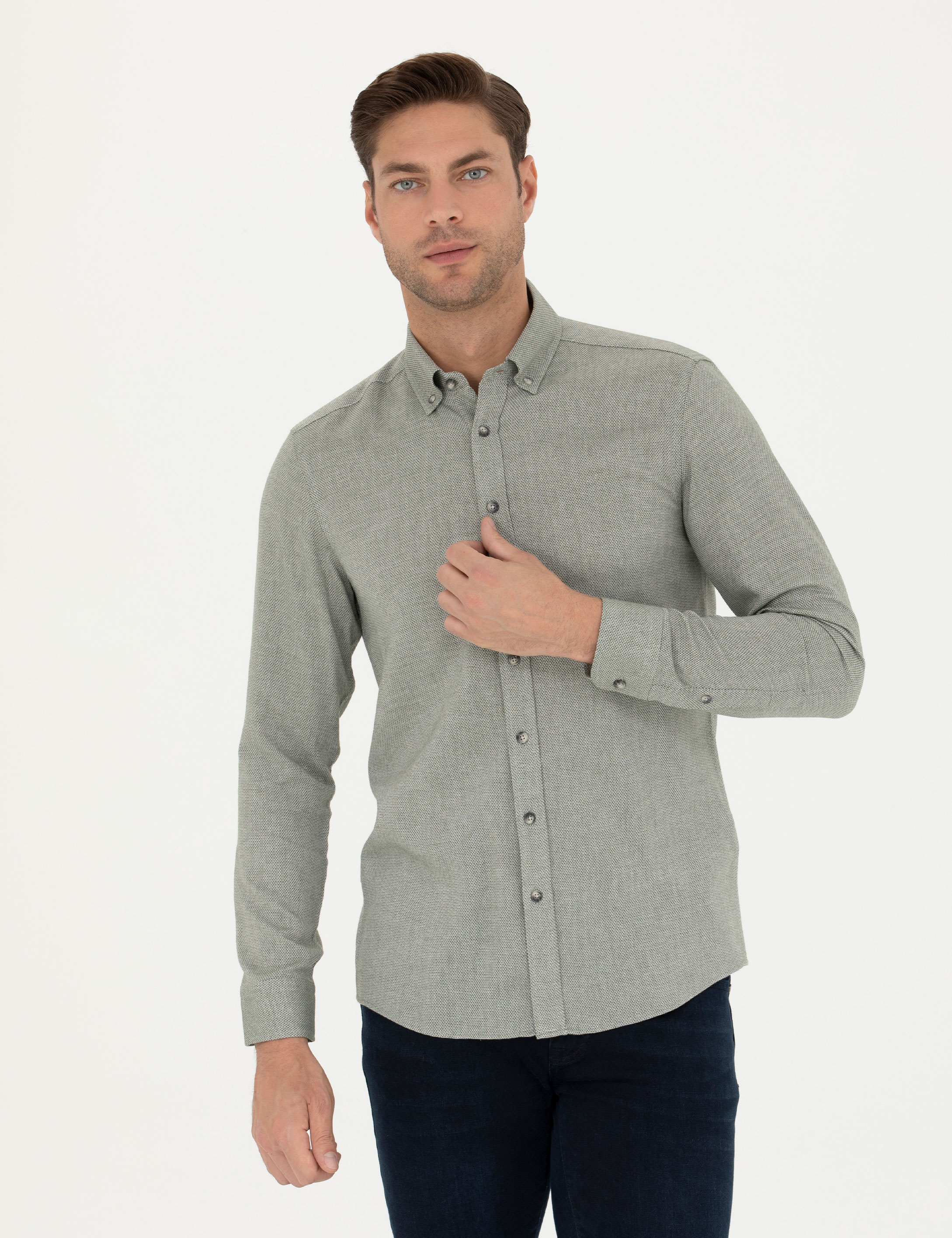 Yeşil Slim Fit Uzun Kollu Gömlek