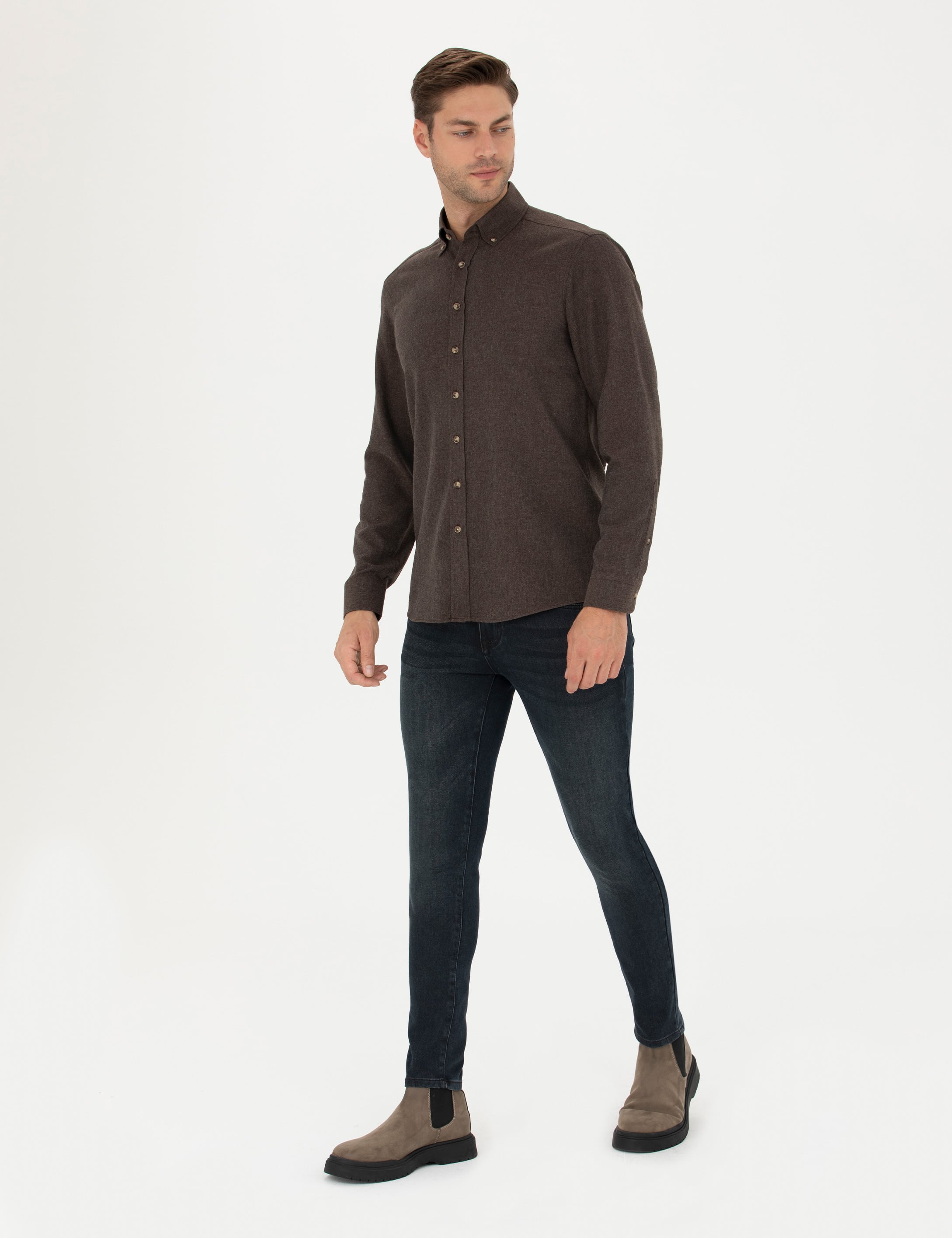 Kahverengi Slim Fit Uzun Kollu Gömlek
