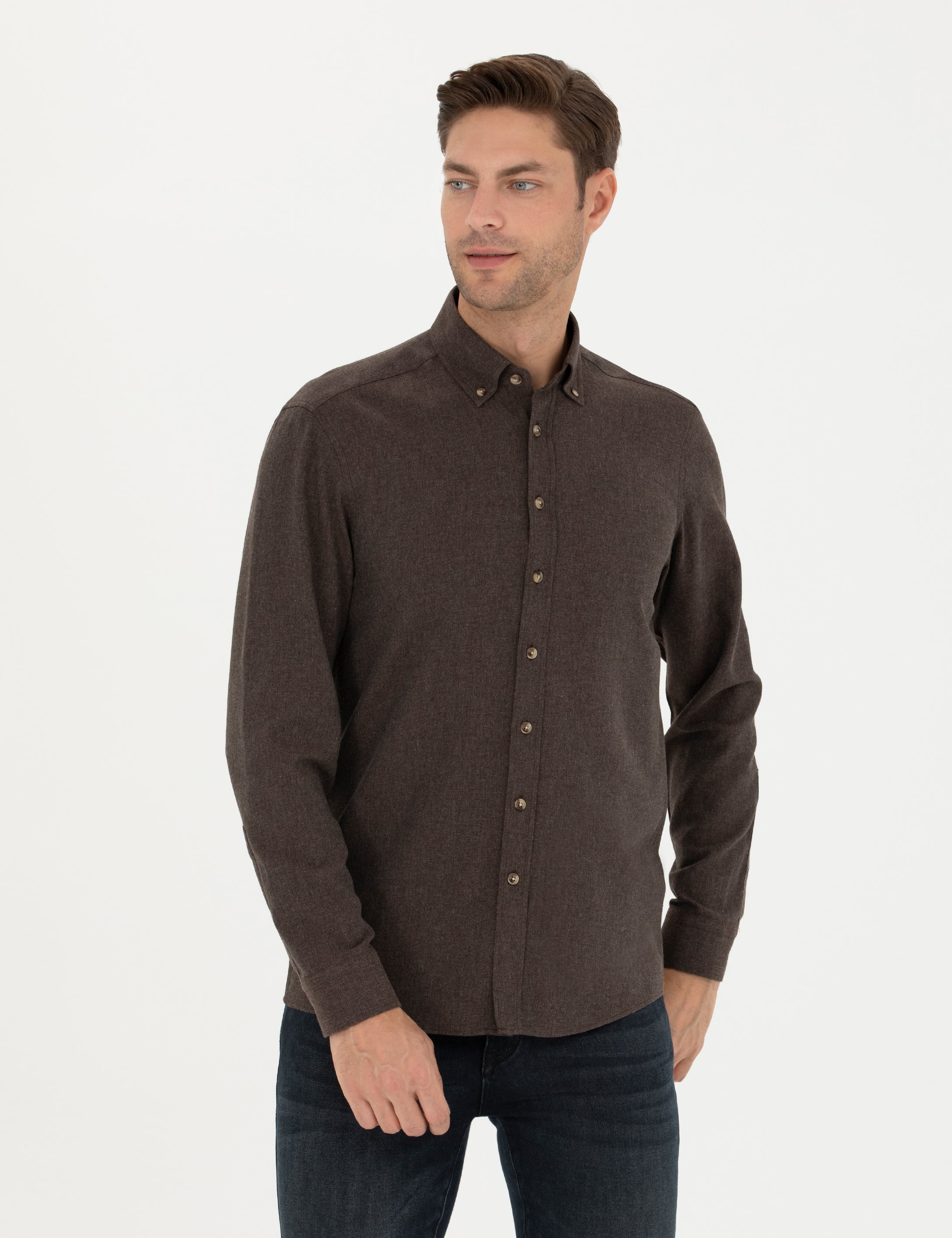 Kahverengi Slim Fit Uzun Kollu Gömlek
