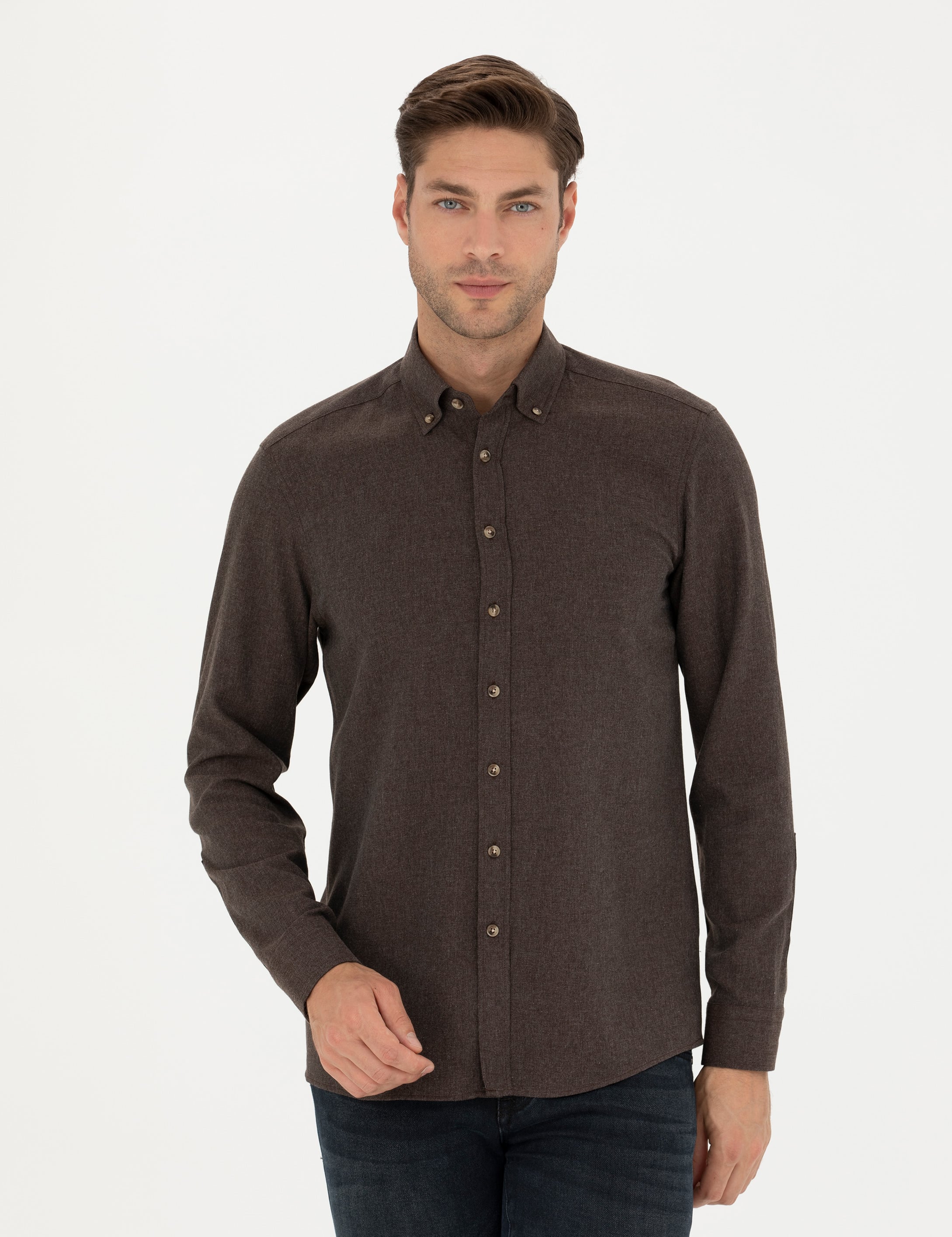 Kahverengi Slim Fit Uzun Kollu Gömlek - Image 1