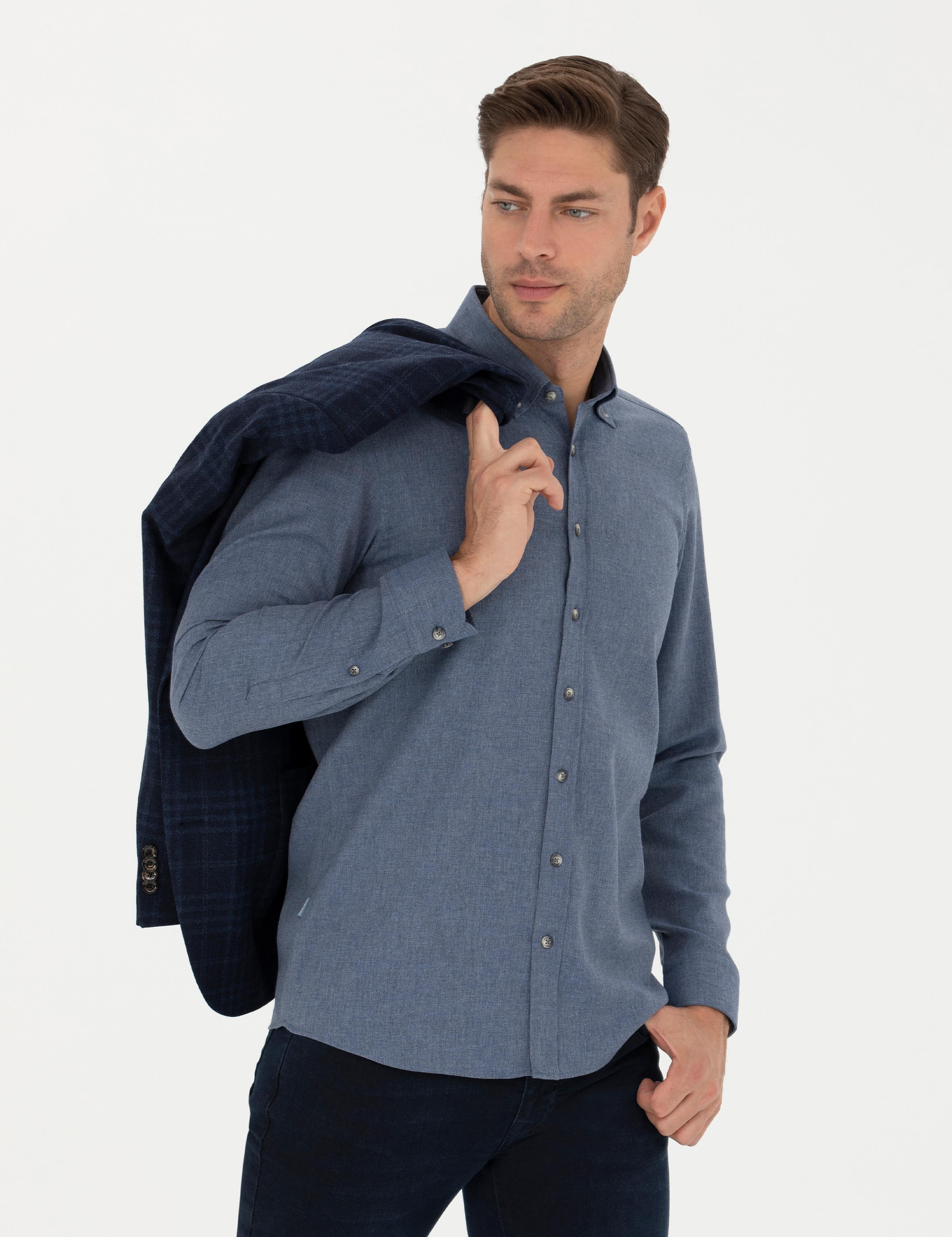 Koyu Mavi Slim Fit Uzun Kollu Gömlek