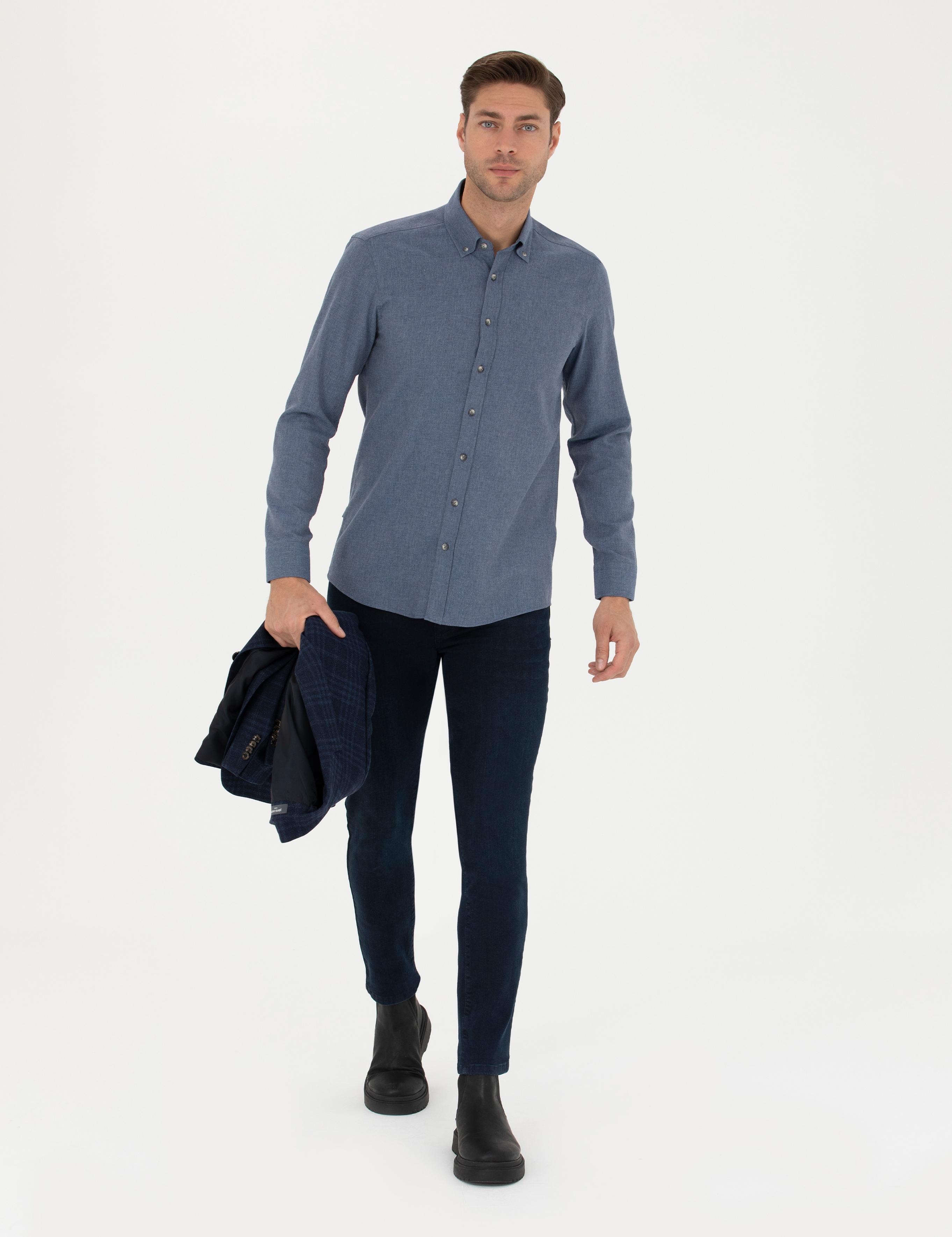 Koyu Mavi Slim Fit Uzun Kollu Gömlek