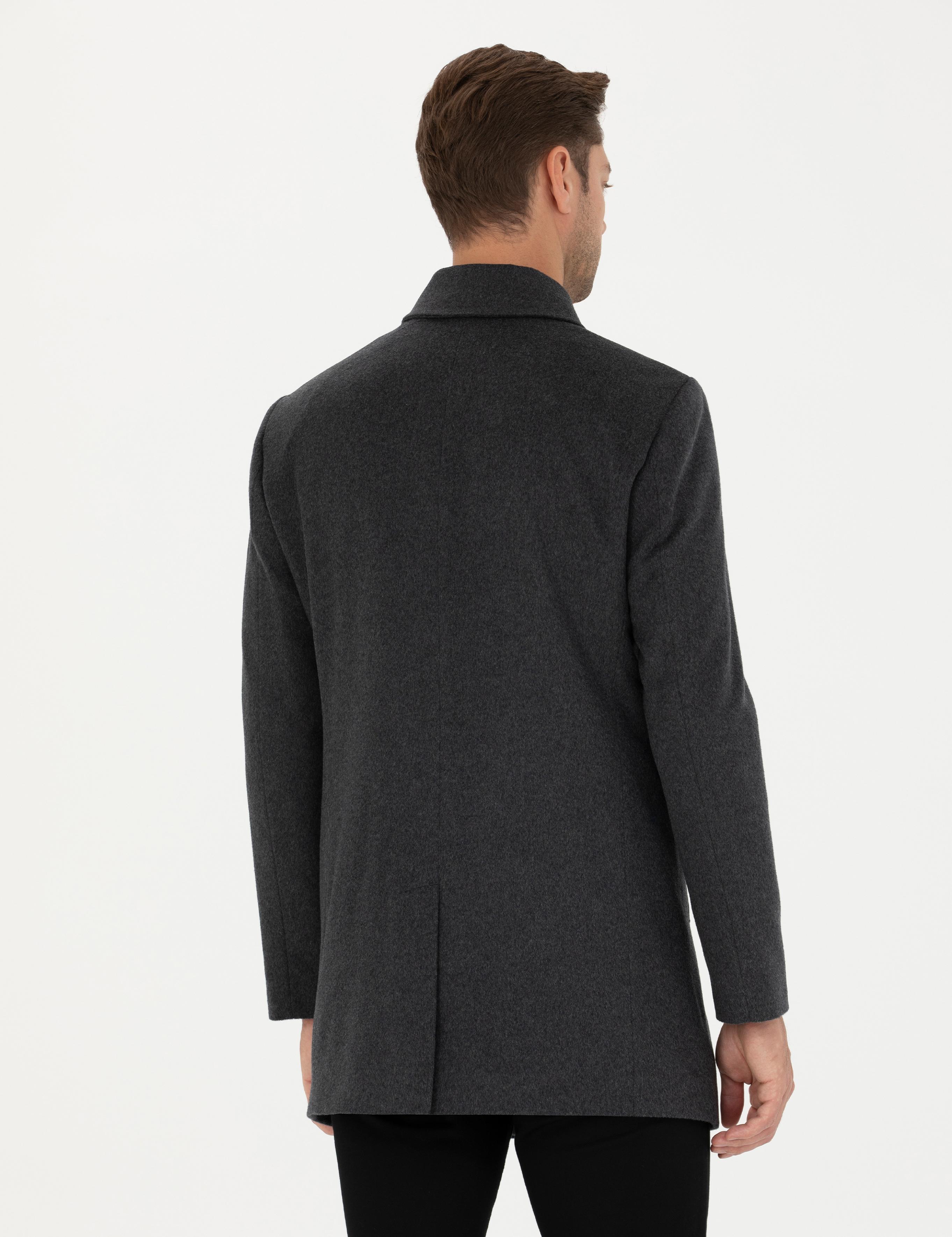 Antrasit Yün Karışımlı Slim Fit Kaşe Kaban