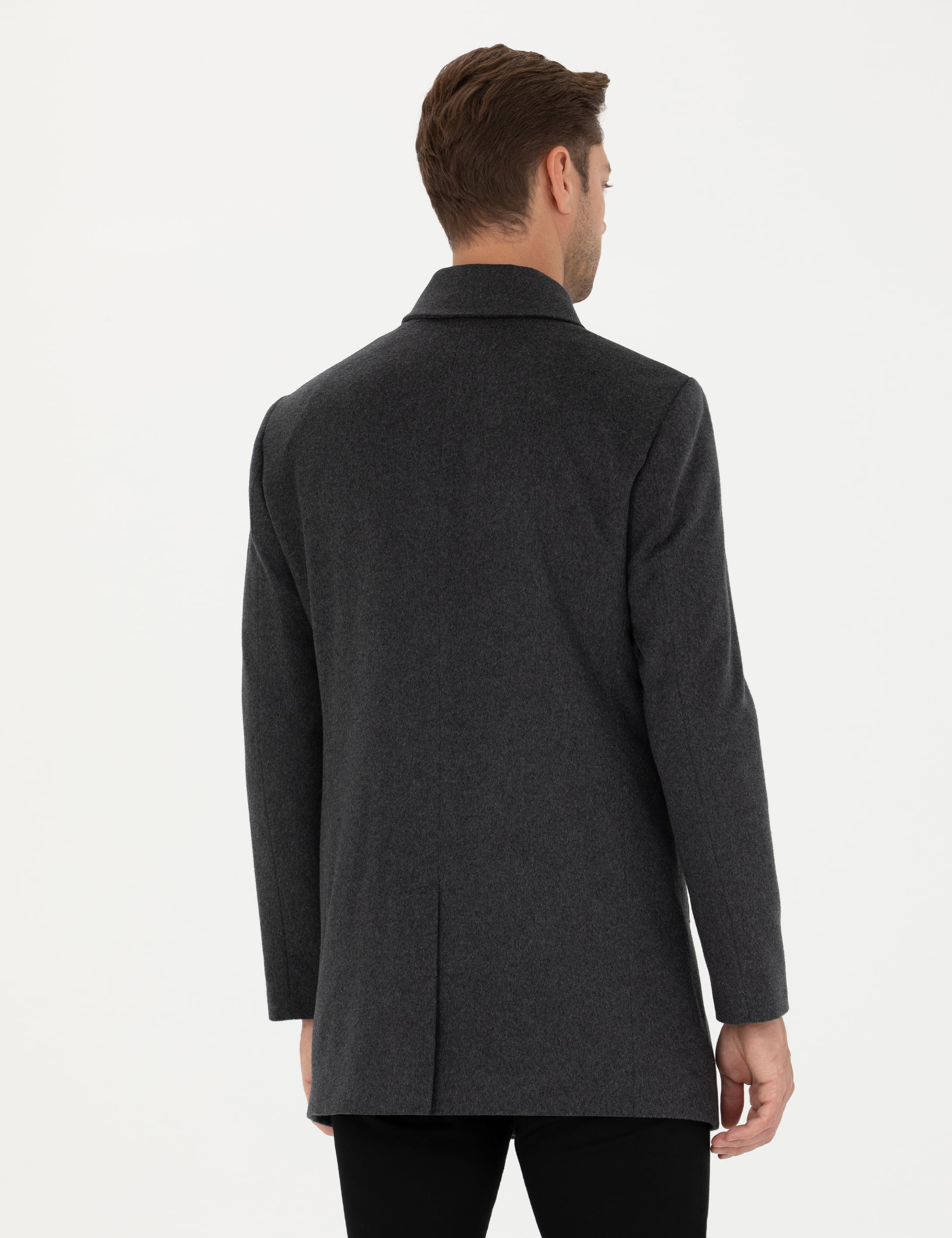 Antrasit Yün Karışımlı Slim Fit Kaşe Kaban