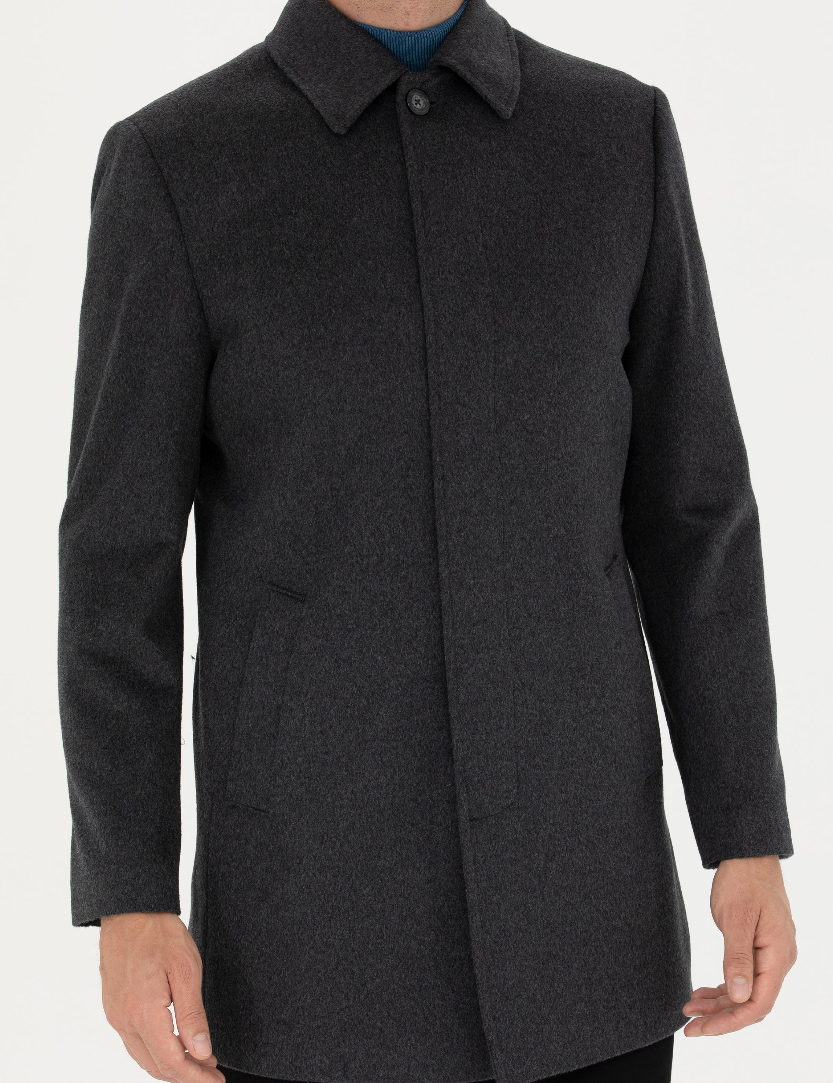 Antrasit Yün Karışımlı Slim Fit Kaşe Kaban