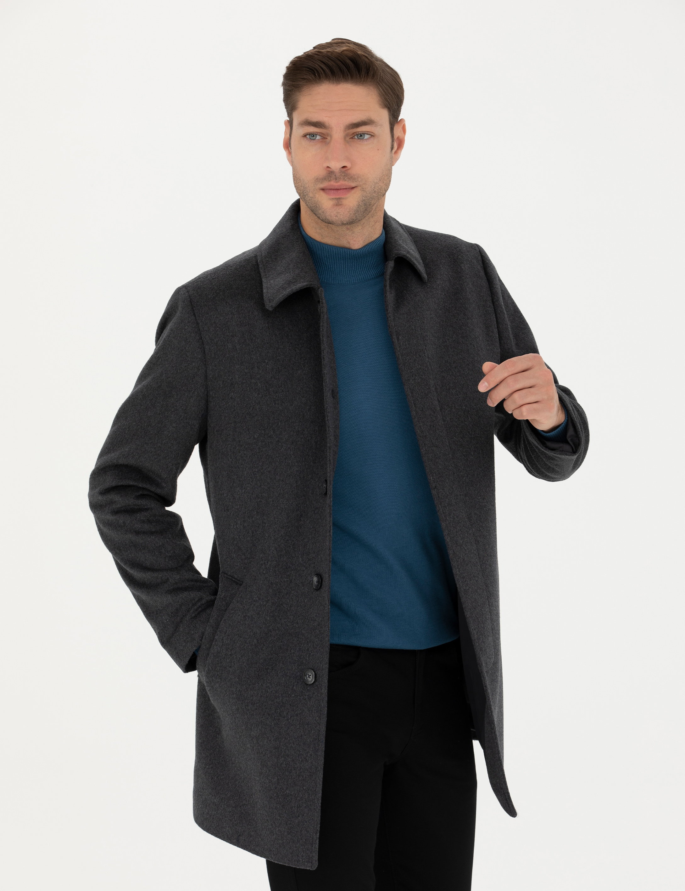 Pierre Cardin Antrasit Yün Karışımlı Slim Fit Kaşe Kaban görsel 3