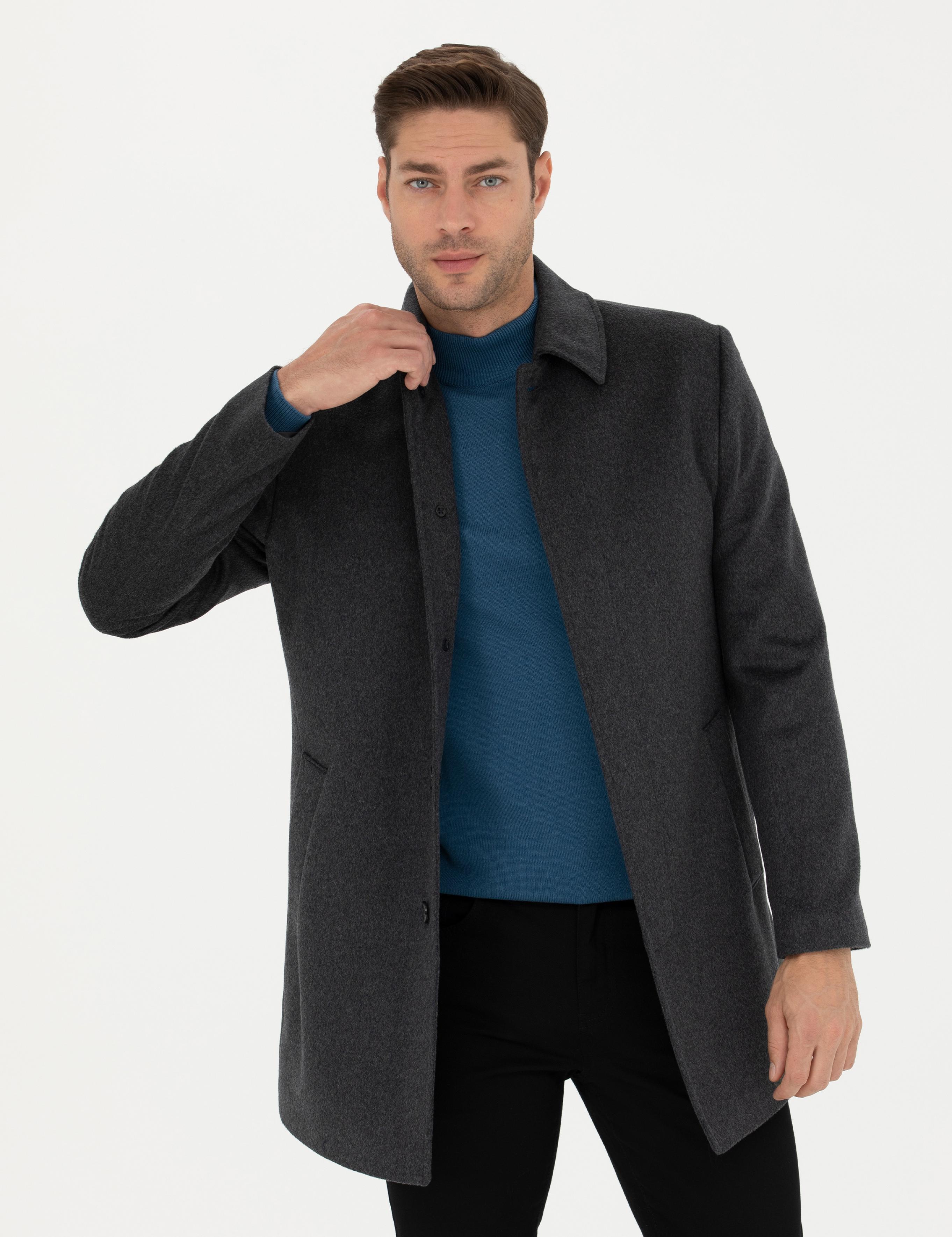 Antrasit Yün Karışımlı Slim Fit Kaşe Kaban