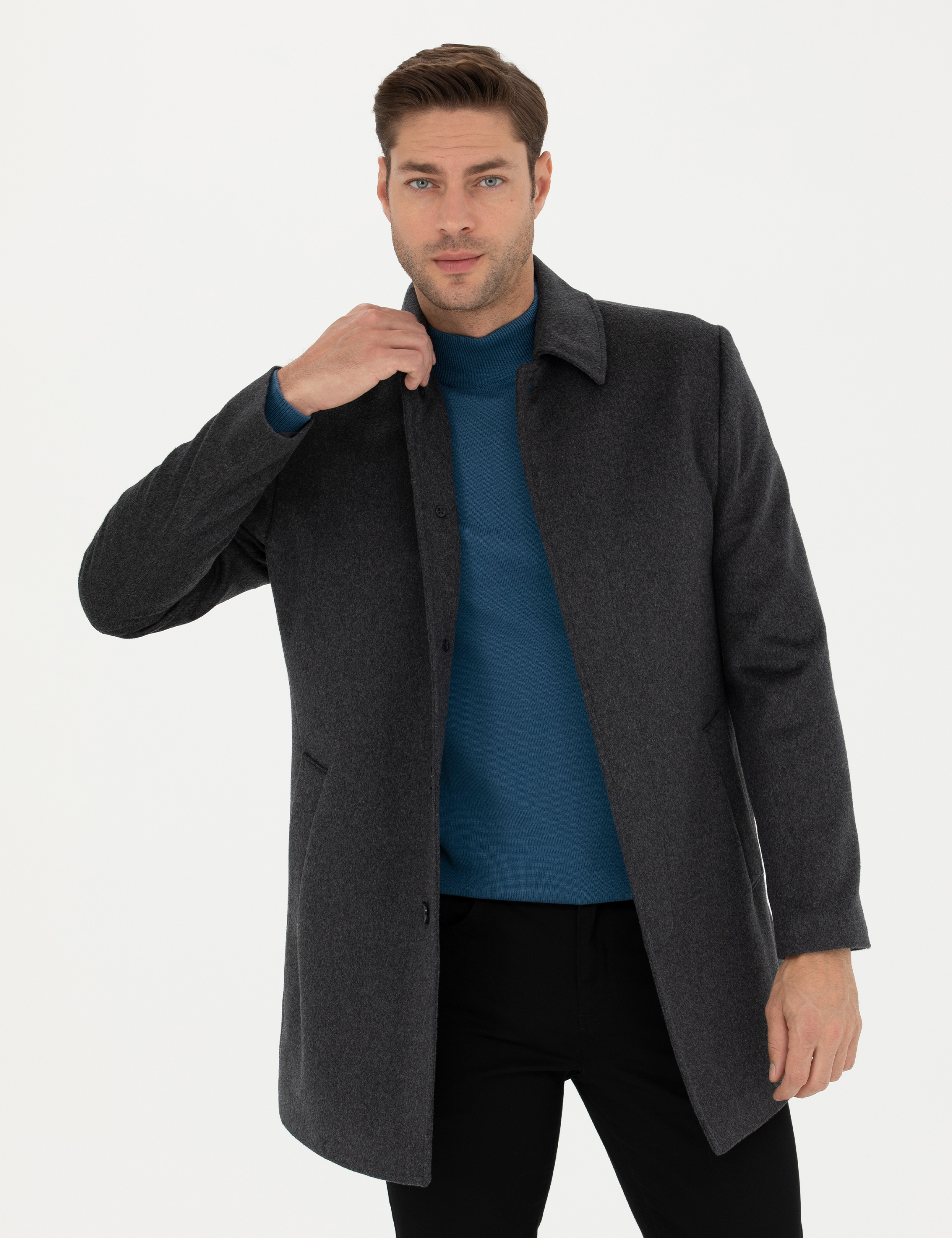 Antrasit Yün Karışımlı Slim Fit Kaşe Kaban