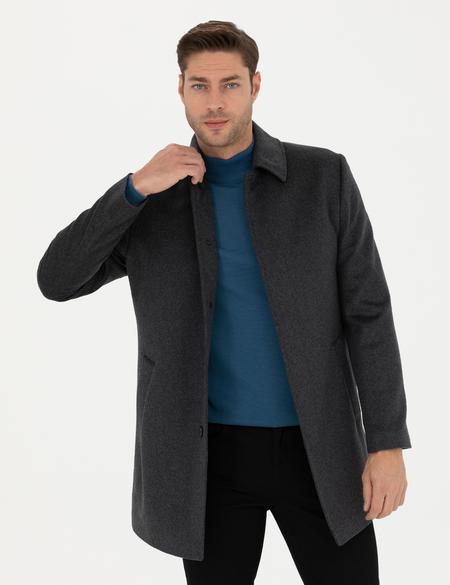 Antrasit Yün Karışımlı Slim Fit Kaşe Kaban - 50270888029