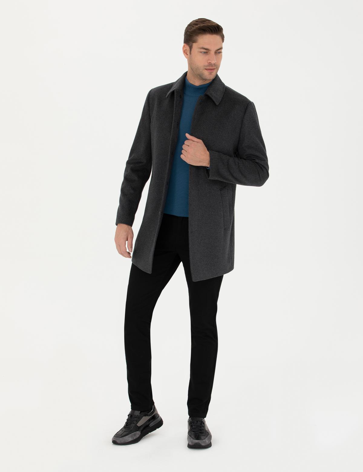 Antrasit Yün Karışımlı Slim Fit Kaşe Kaban - 50270888029