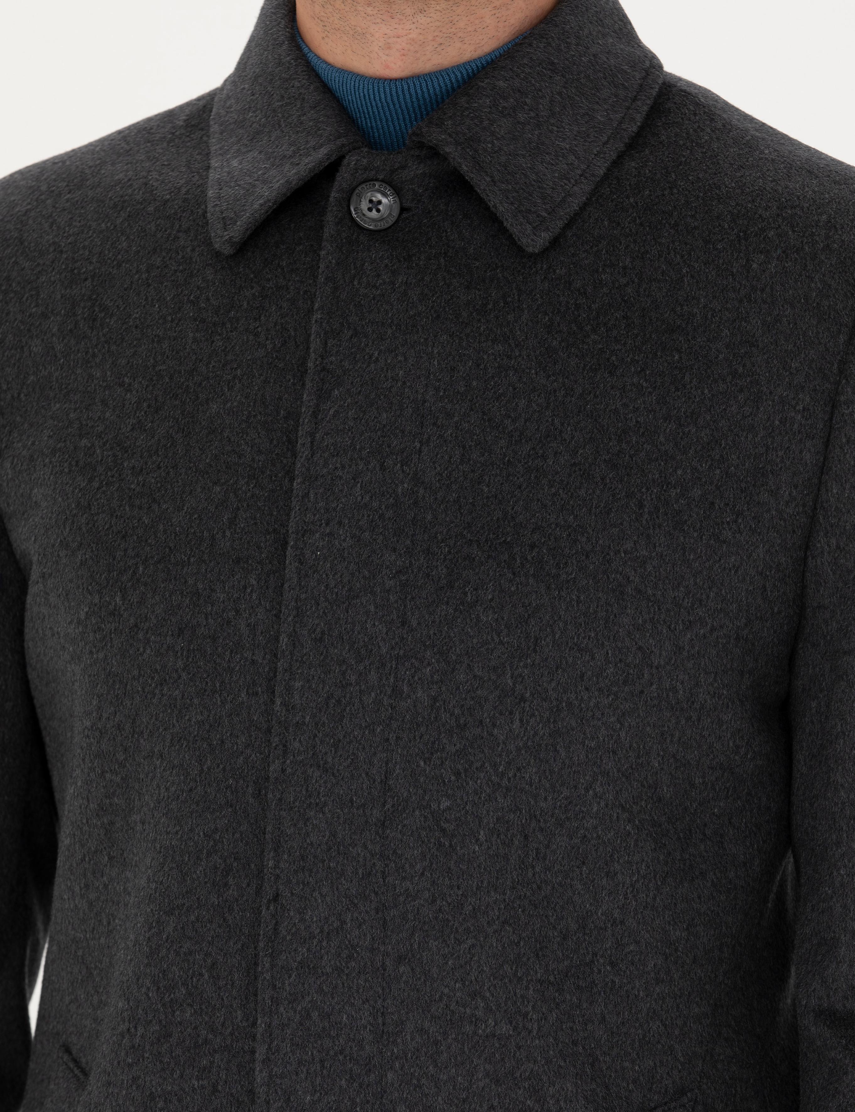 Antrasit Yün Karışımlı Slim Fit Kaşe Kaban