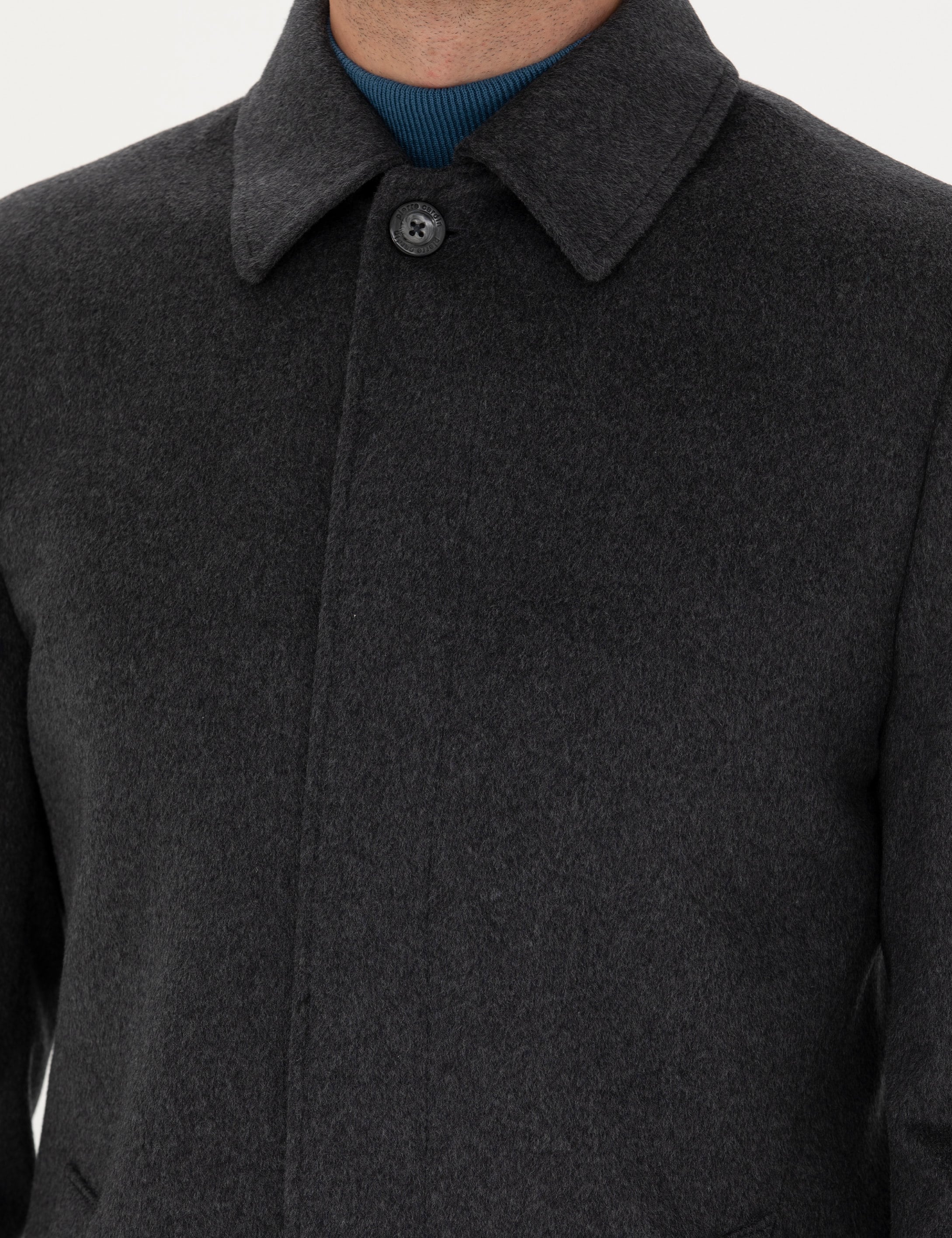 Antrasit Yün Karışımlı Slim Fit Kaşe Kaban